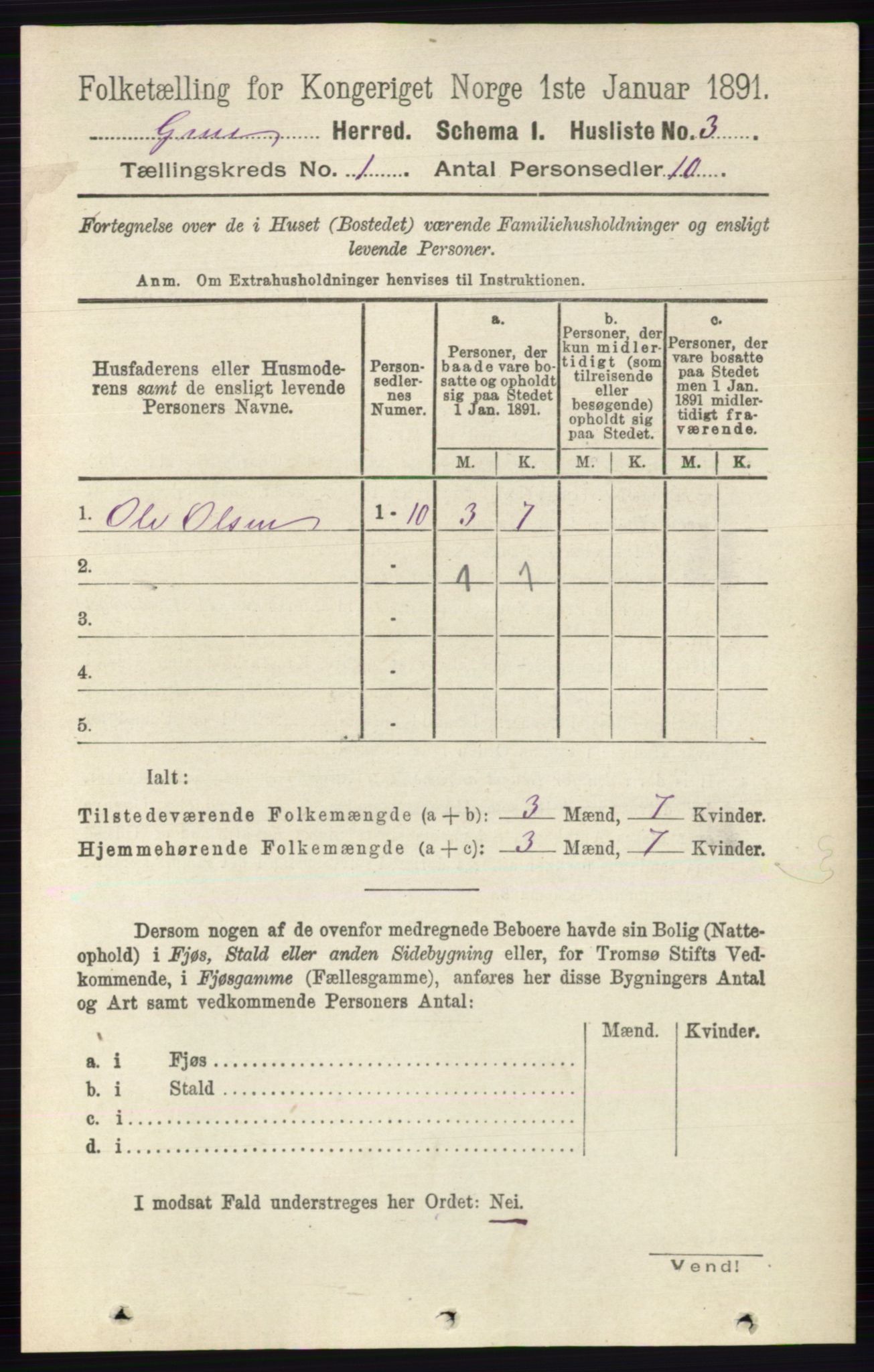 RA, 1891 census for 0423 Grue, 1891, p. 43