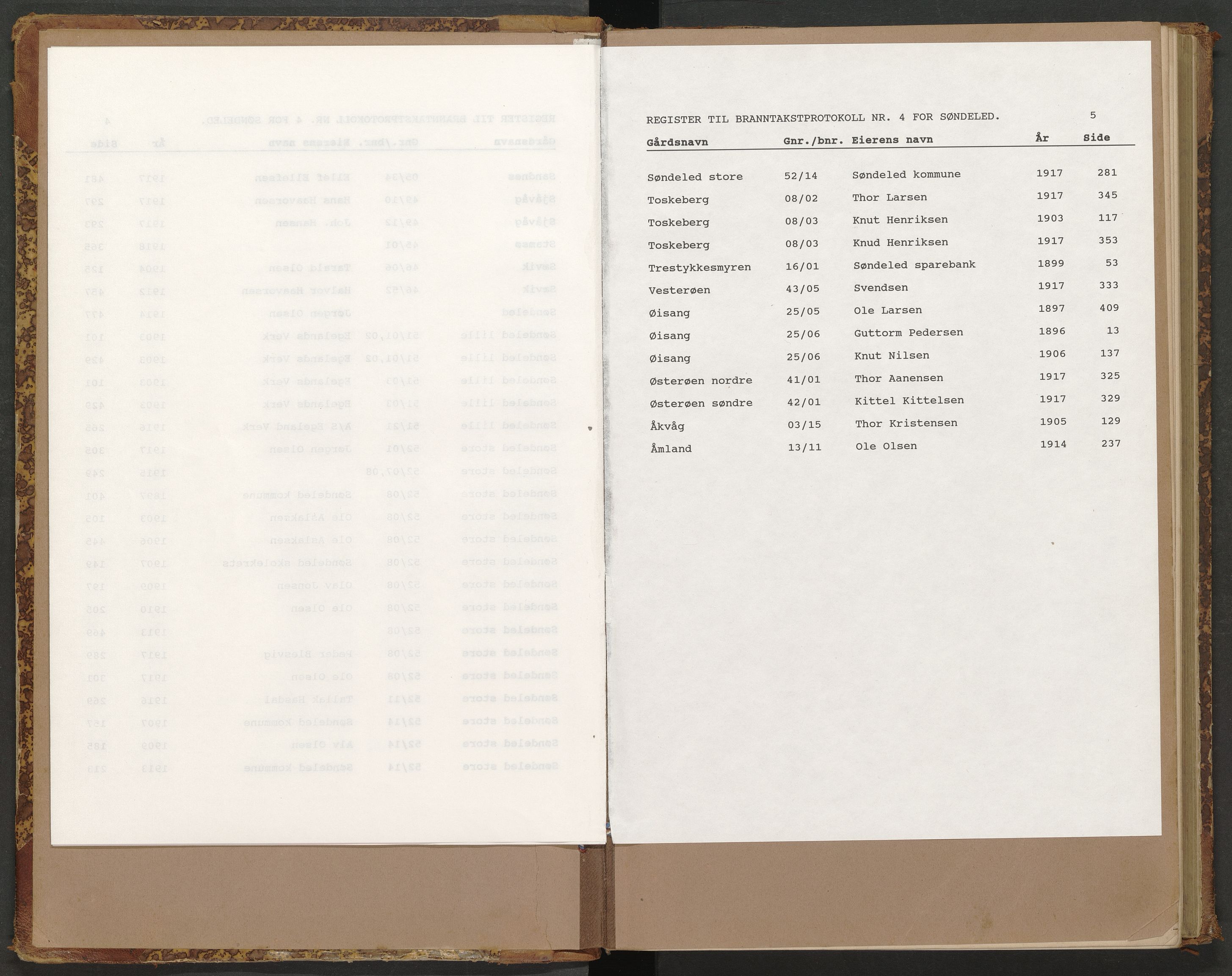 Norges Brannkasse Søndeled, SAK/2241-0047/F/Fa/L0004: Branntakstprotokoll nr 4 med gårdsnavnregister, 1895-1914