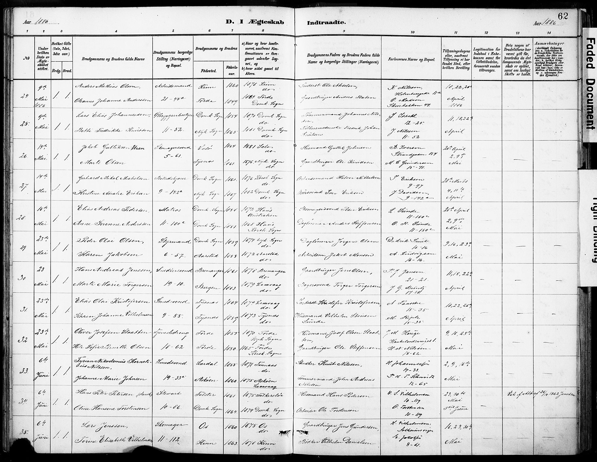 Domkirken sokneprestembete, AV/SAB-A-74801/H/Haa/L0037: Parish register (official) no. D 4, 1880-1907, p. 62