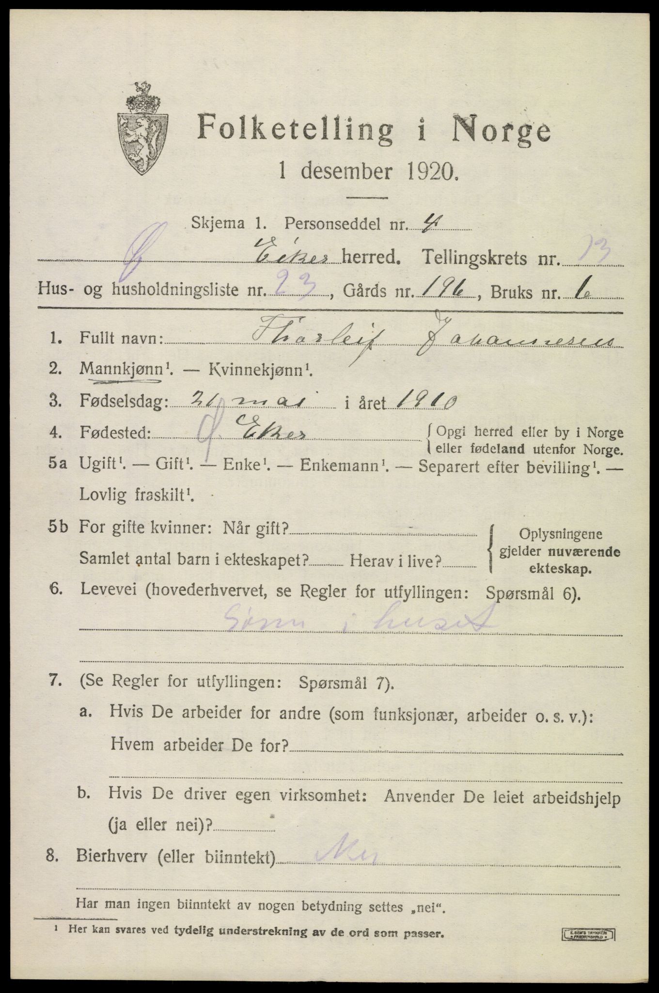 SAKO, 1920 census for Øvre Eiker, 1920, p. 19852