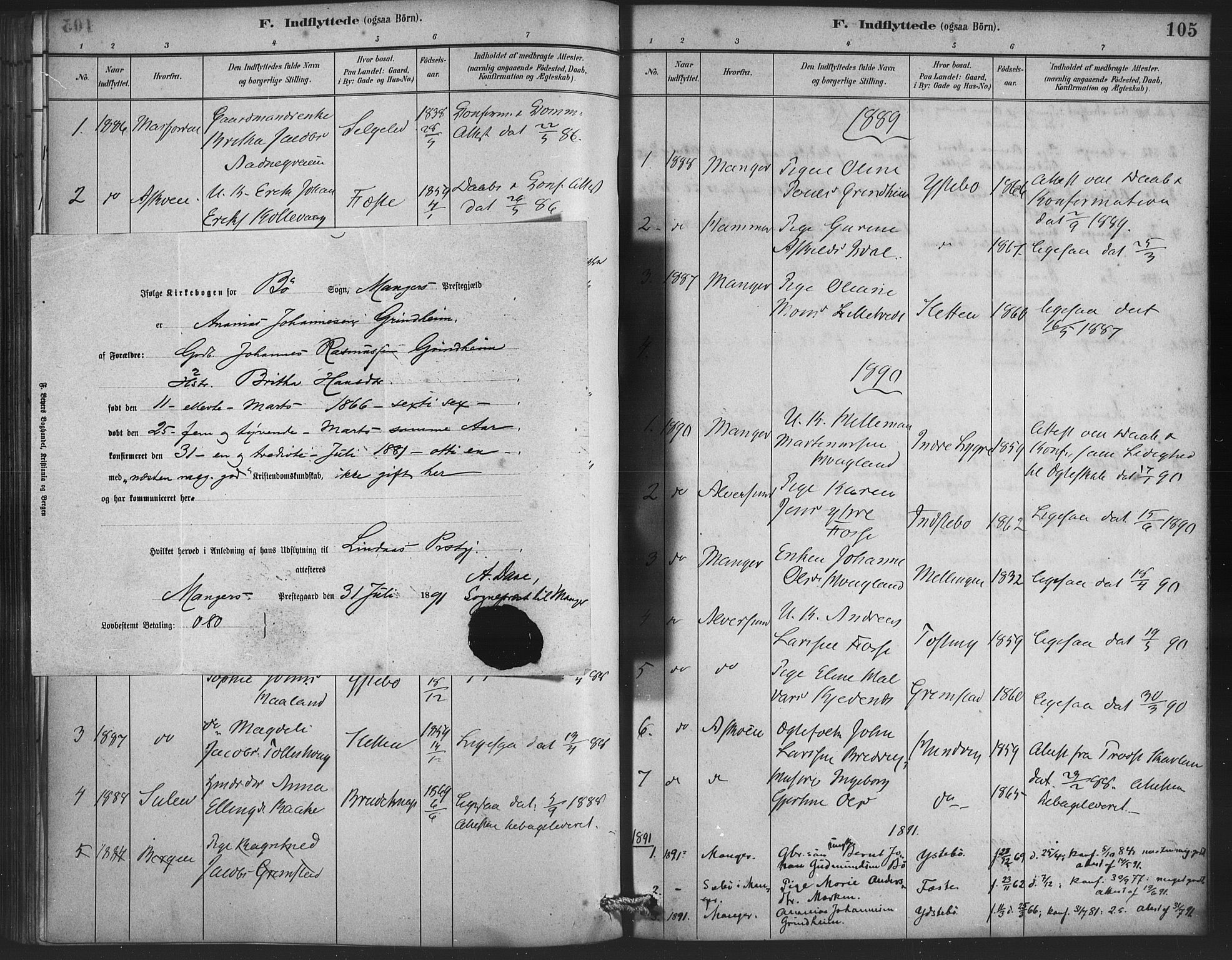 Lindås Sokneprestembete, SAB/A-76701/H/Haa: Parish register (official) no. E 1, 1886-1897, p. 105