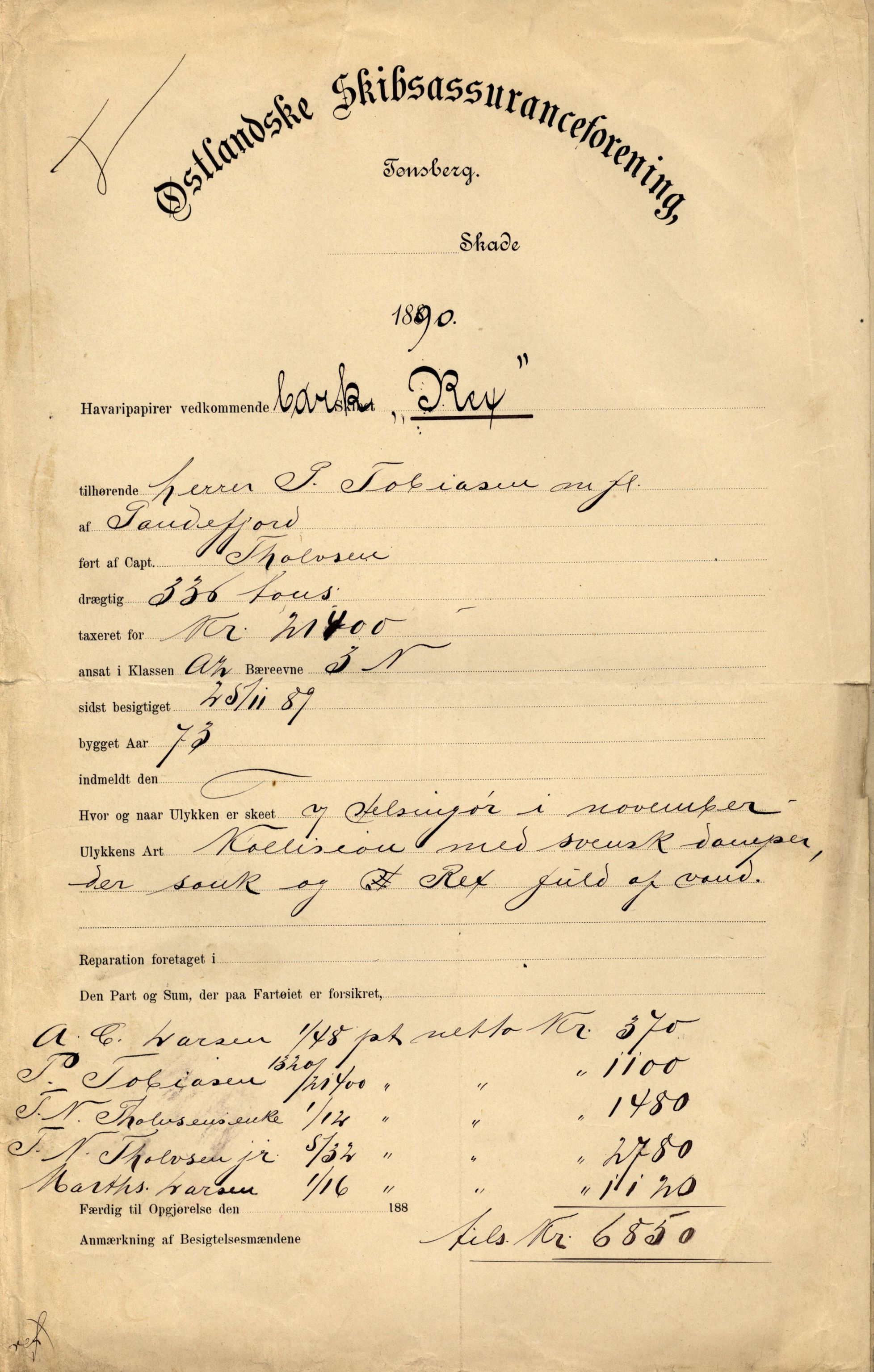 Pa 63 - Østlandske skibsassuranceforening, VEMU/A-1079/G/Ga/L0026/0009: Havaridokumenter / Rex, Resolve, Regulator, Familien, Falcon, Johanne, 1890, p. 1