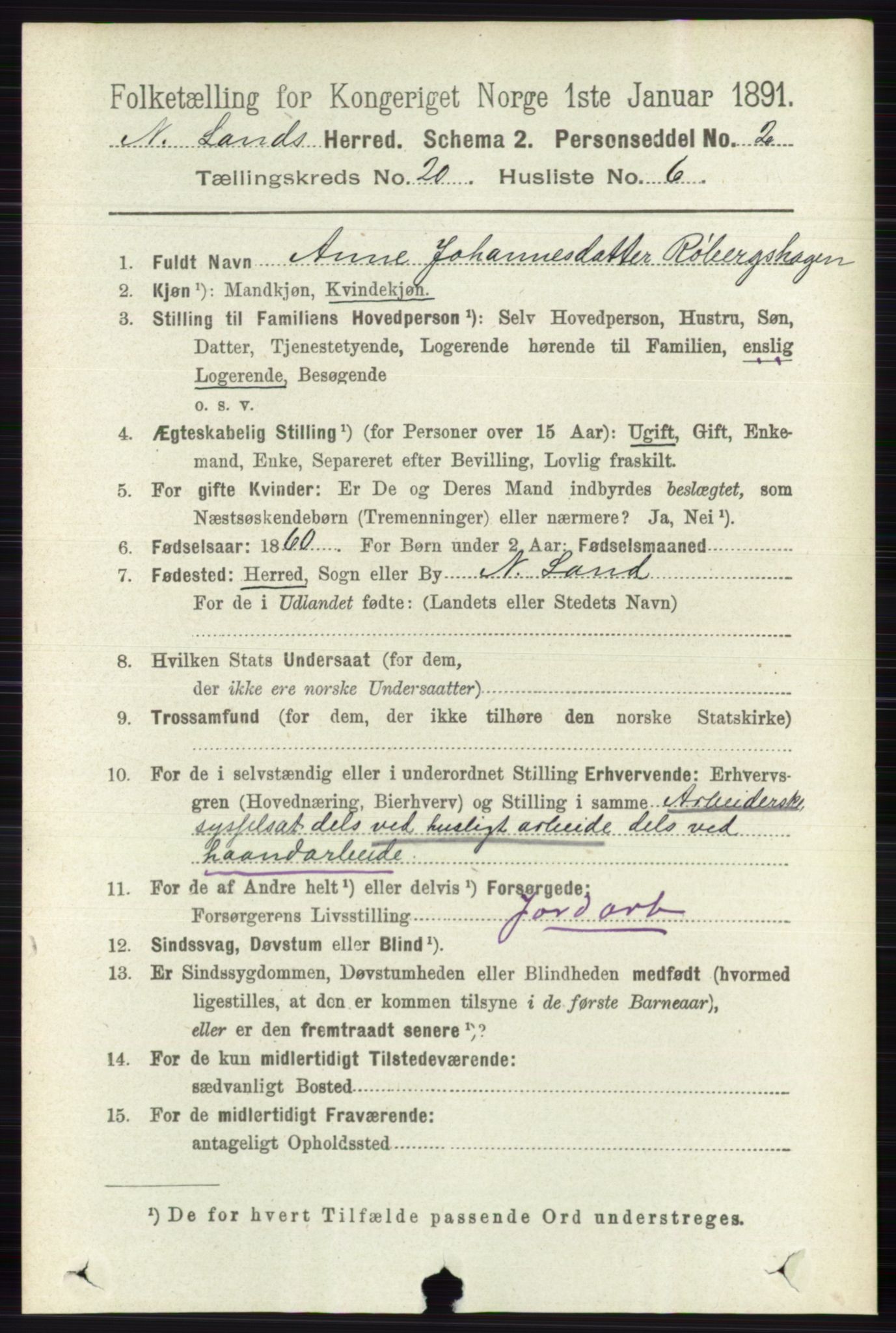 RA, 1891 census for 0538 Nordre Land, 1891, p. 4907