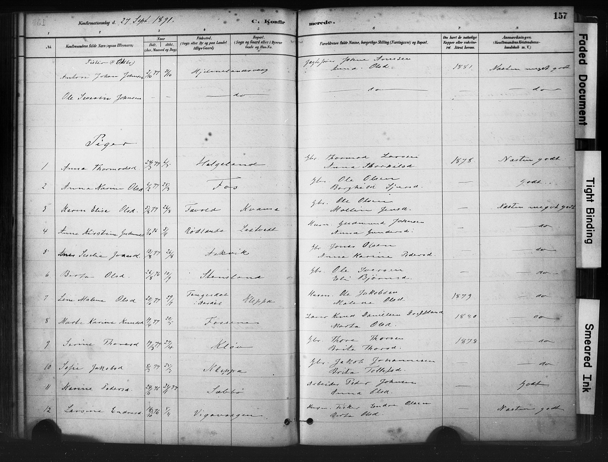 Hjelmeland sokneprestkontor, AV/SAST-A-101843/01/IV/L0014: Parish register (official) no. A 14, 1879-1900, p. 157