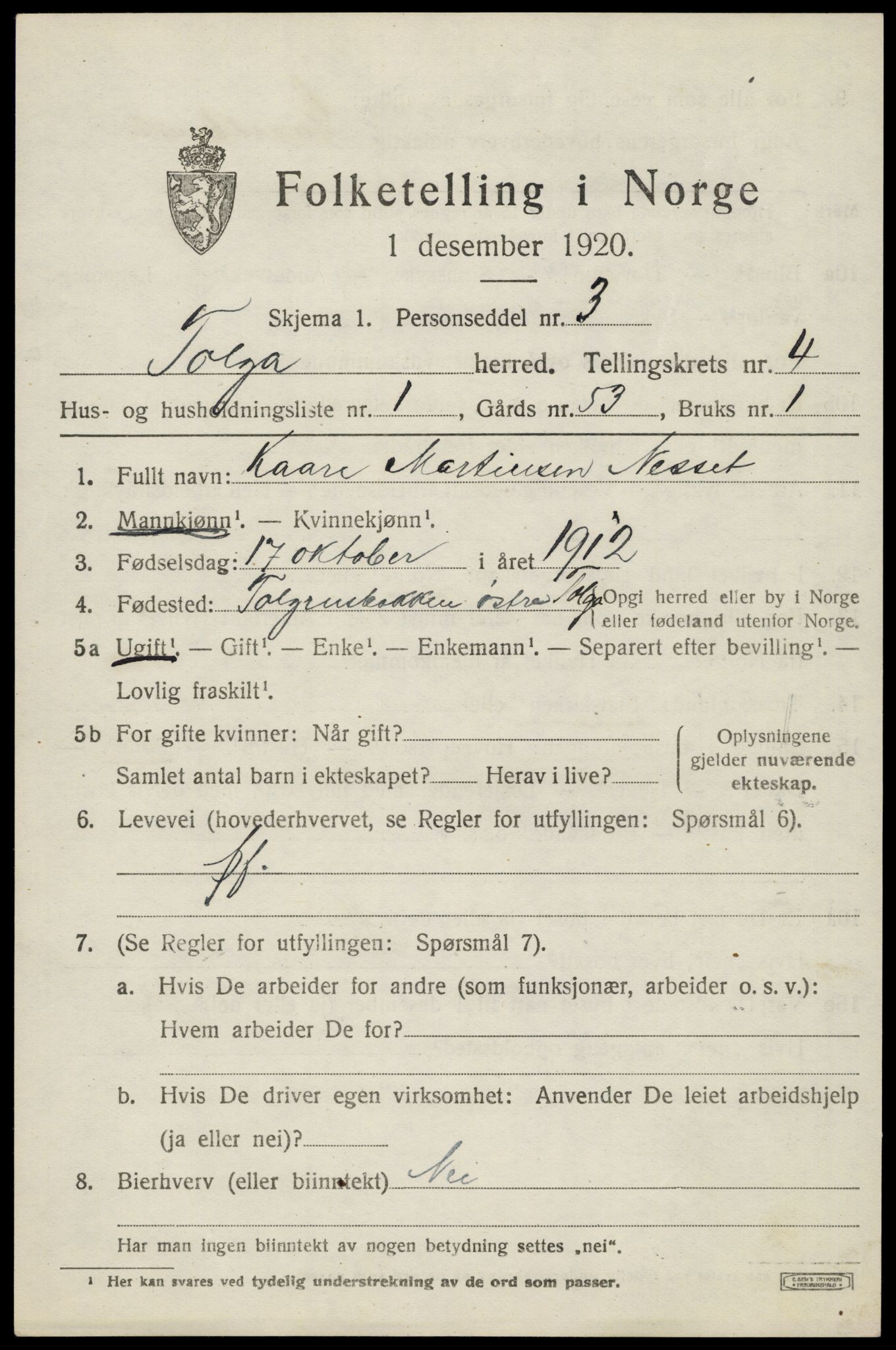 SAH, 1920 census for Tolga, 1920, p. 2593