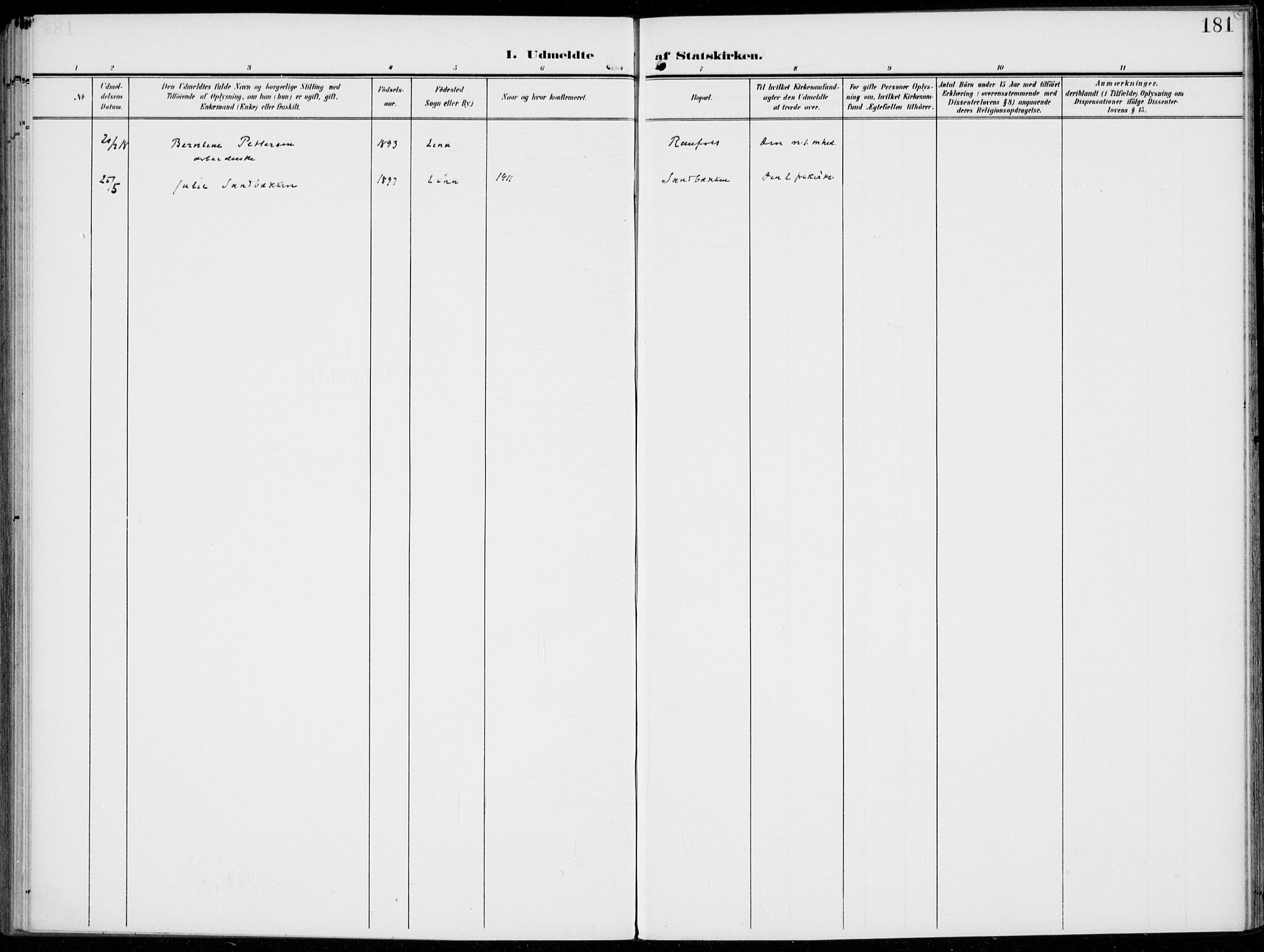 Kolbu prestekontor, SAH/PREST-110/H/Ha/Haa/L0001: Parish register (official) no. 1, 1907-1923, p. 181
