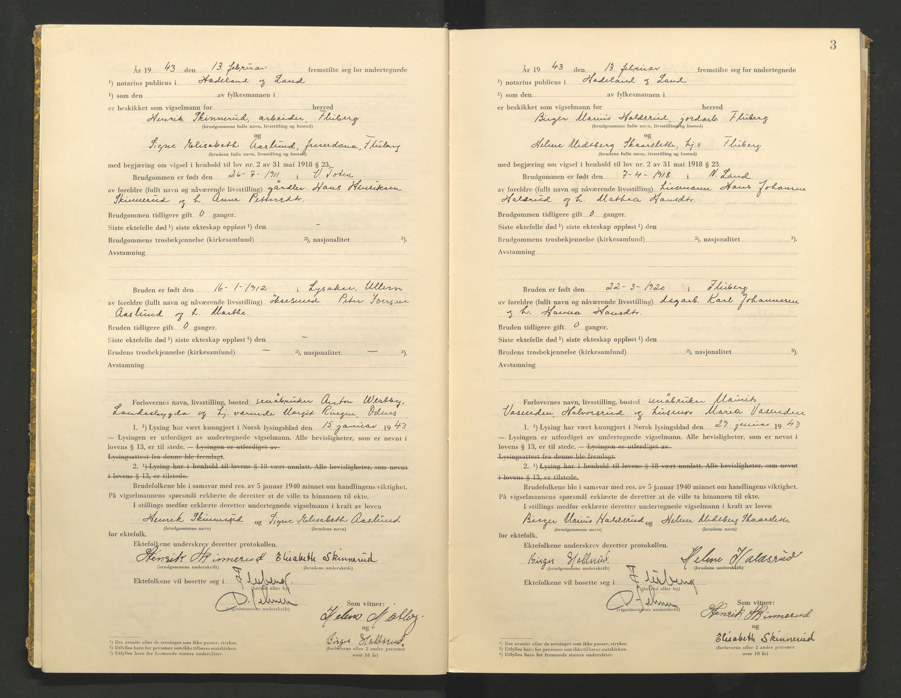 Hadeland og Land tingrett, AV/SAH-TING-010/L/Lb/L0002: Vigselbok, 1943-1944, p. 3