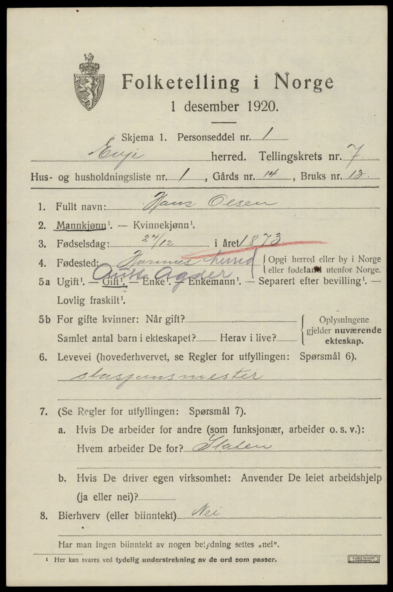 SAK, 1920 census for Evje, 1920, p. 2240