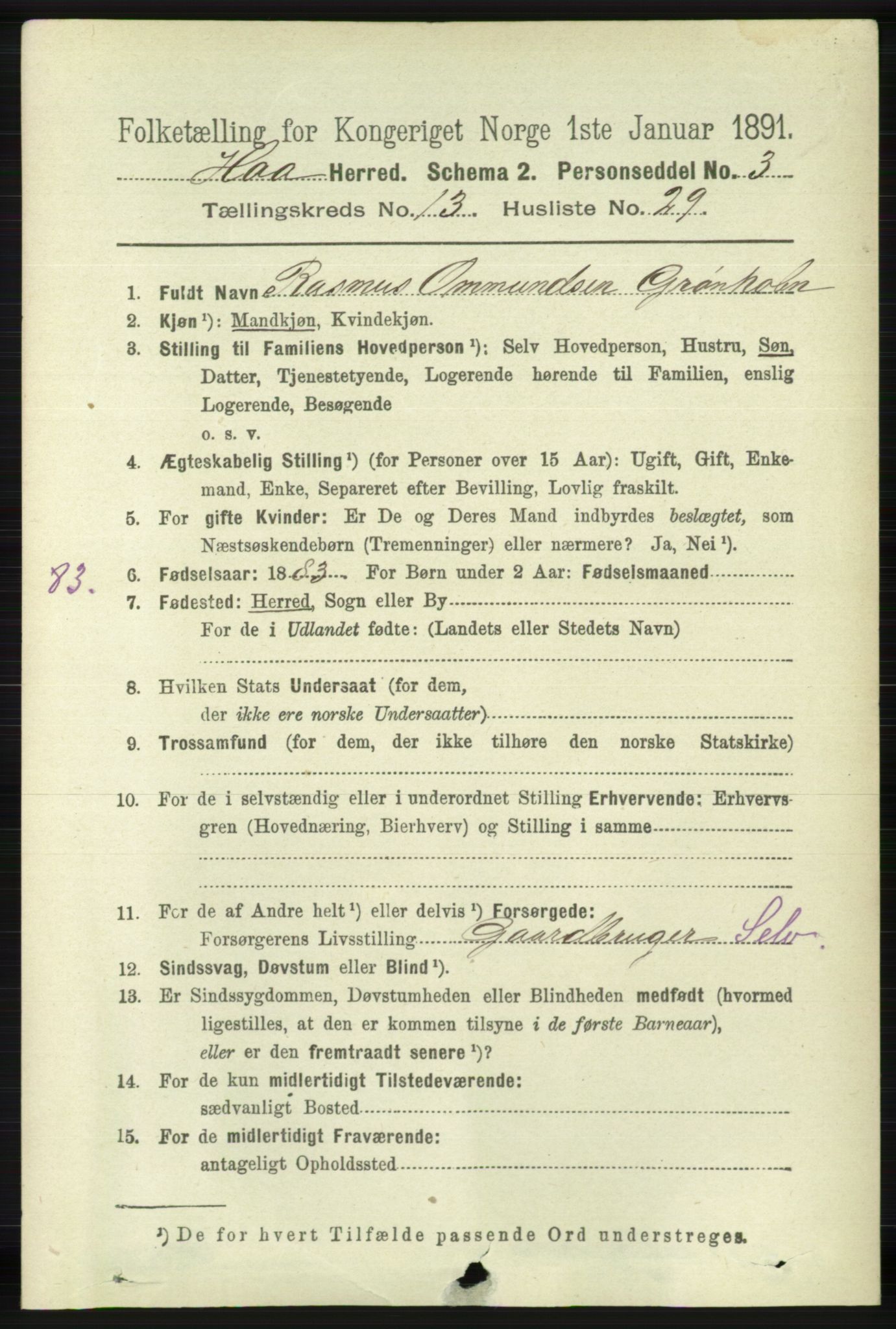 RA, 1891 census for 1119 Hå, 1891, p. 3318