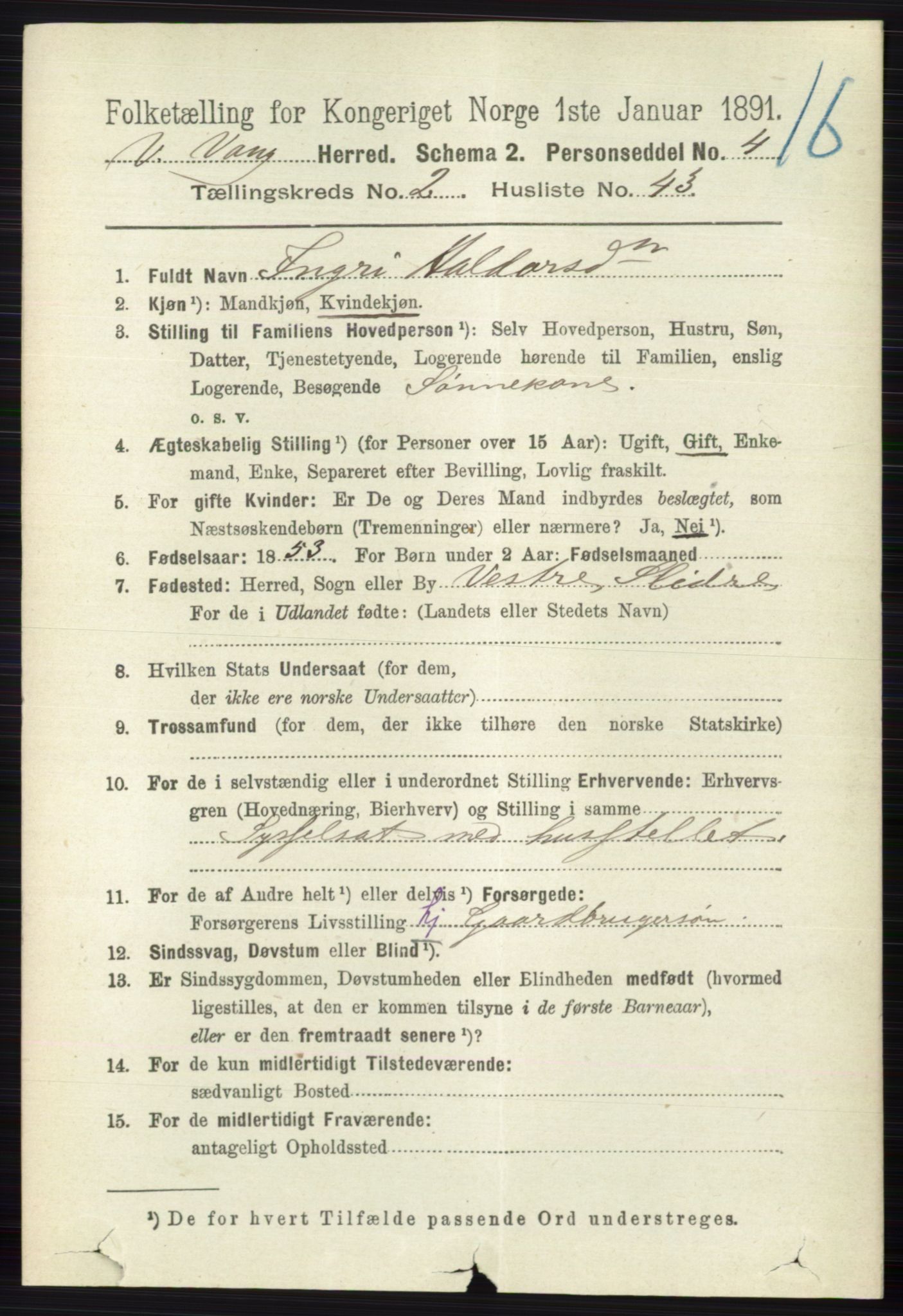 RA, 1891 census for 0545 Vang, 1891, p. 674