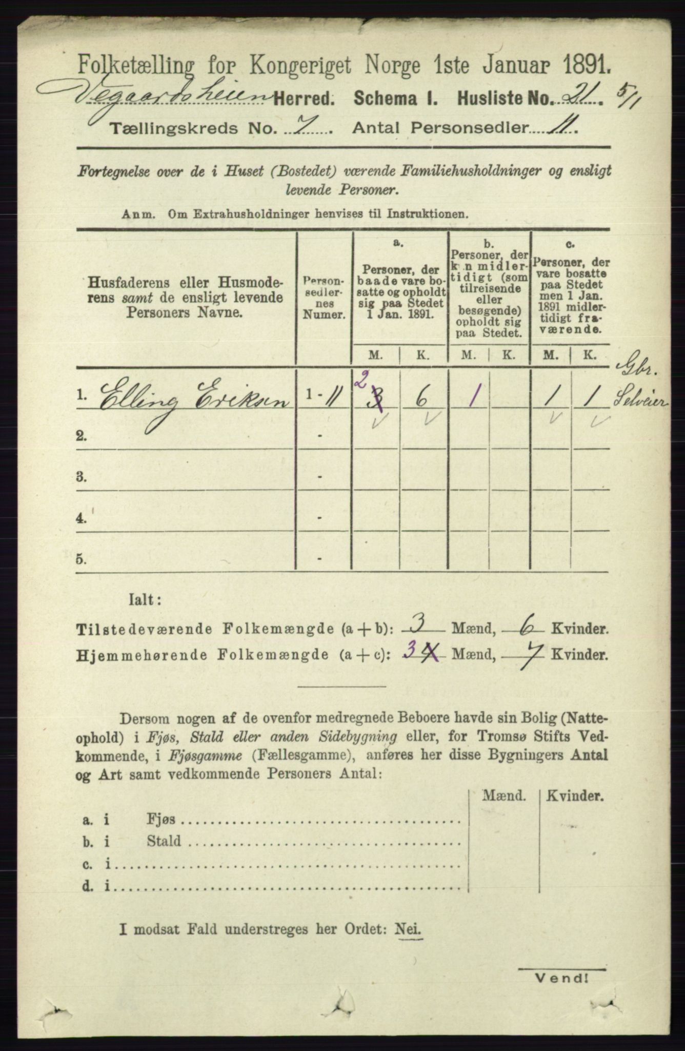 RA, 1891 census for 0912 Vegårshei, 1891, p. 1331