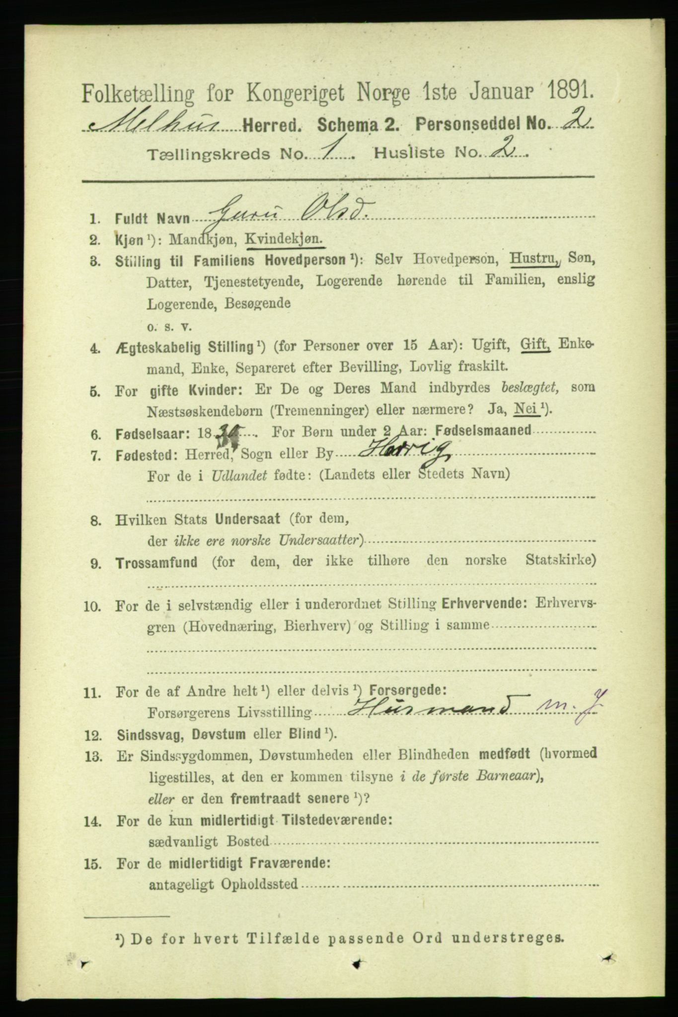 RA, 1891 census for 1653 Melhus, 1891, p. 124