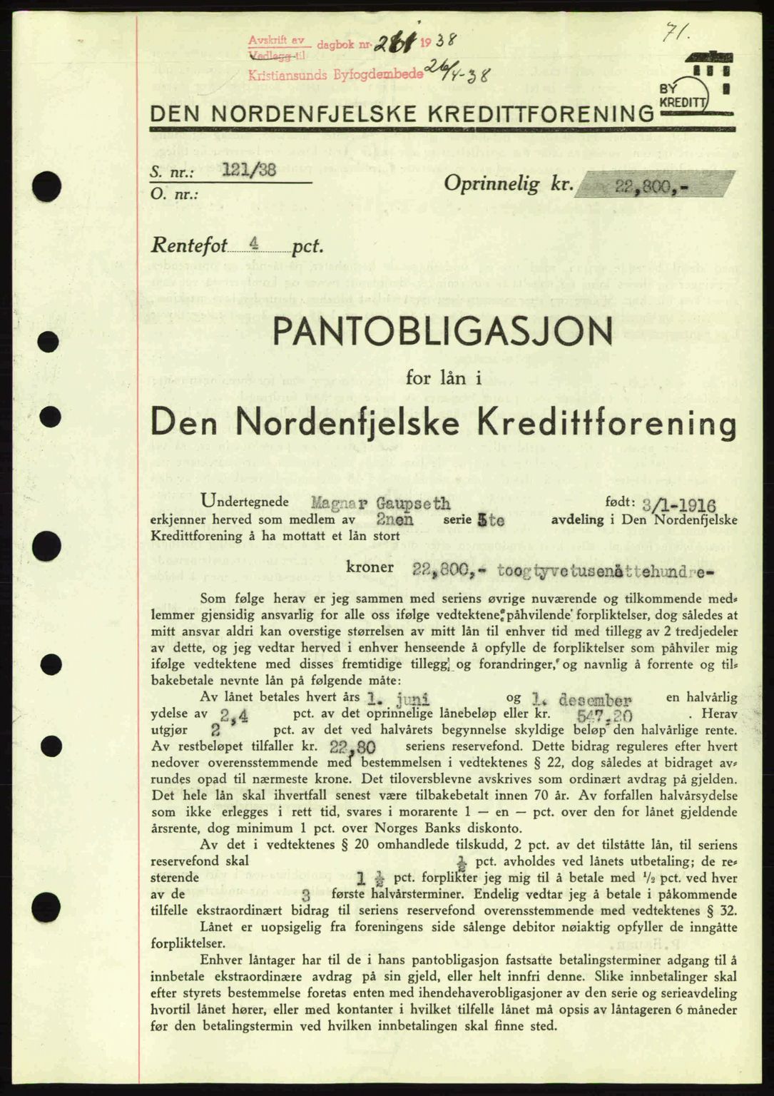 Kristiansund byfogd, SAT/A-4587/A/27: Mortgage book no. 31, 1938-1939, Diary no: : 261/1938