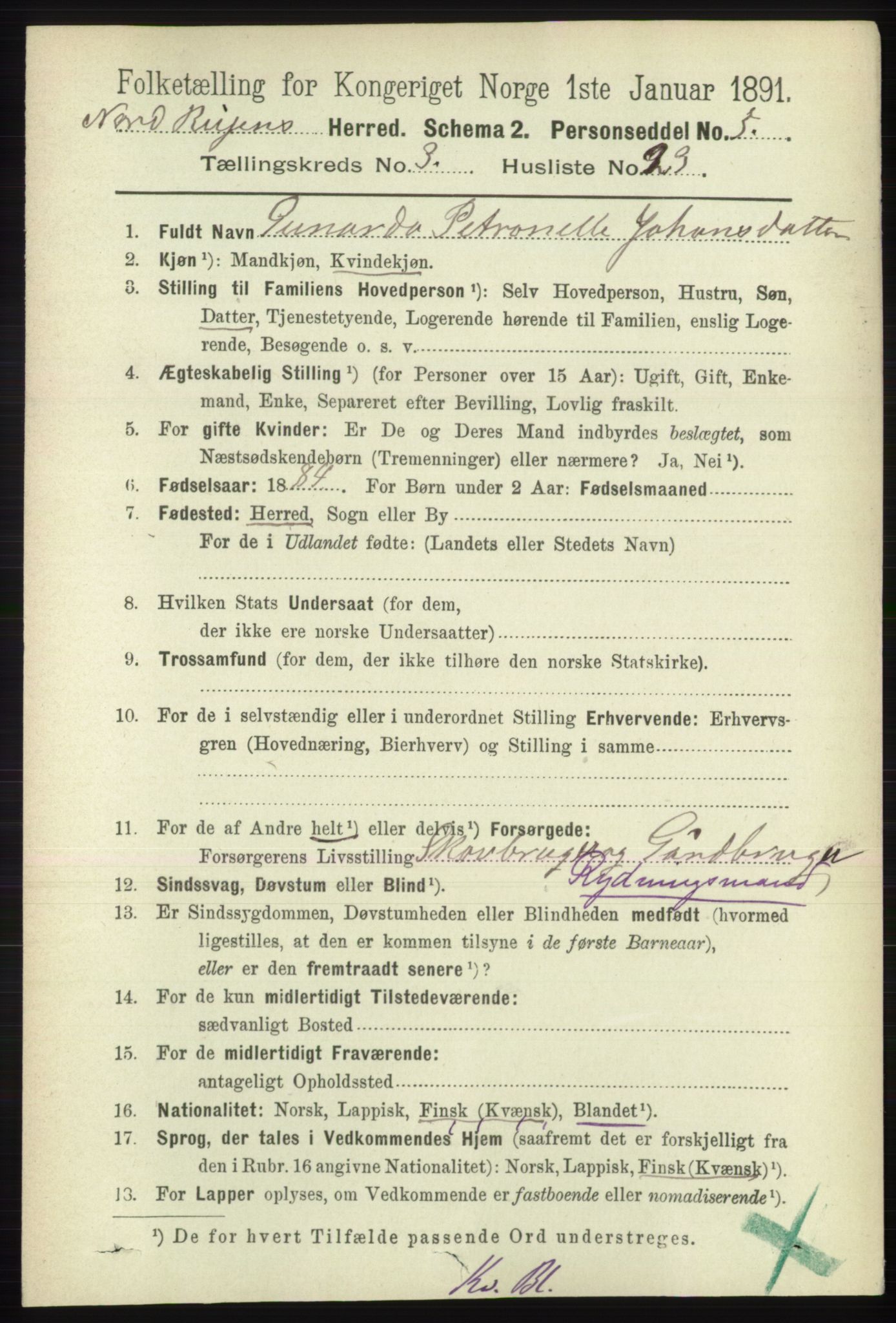 RA, 1891 census for 1942 Nordreisa, 1891, p. 1505