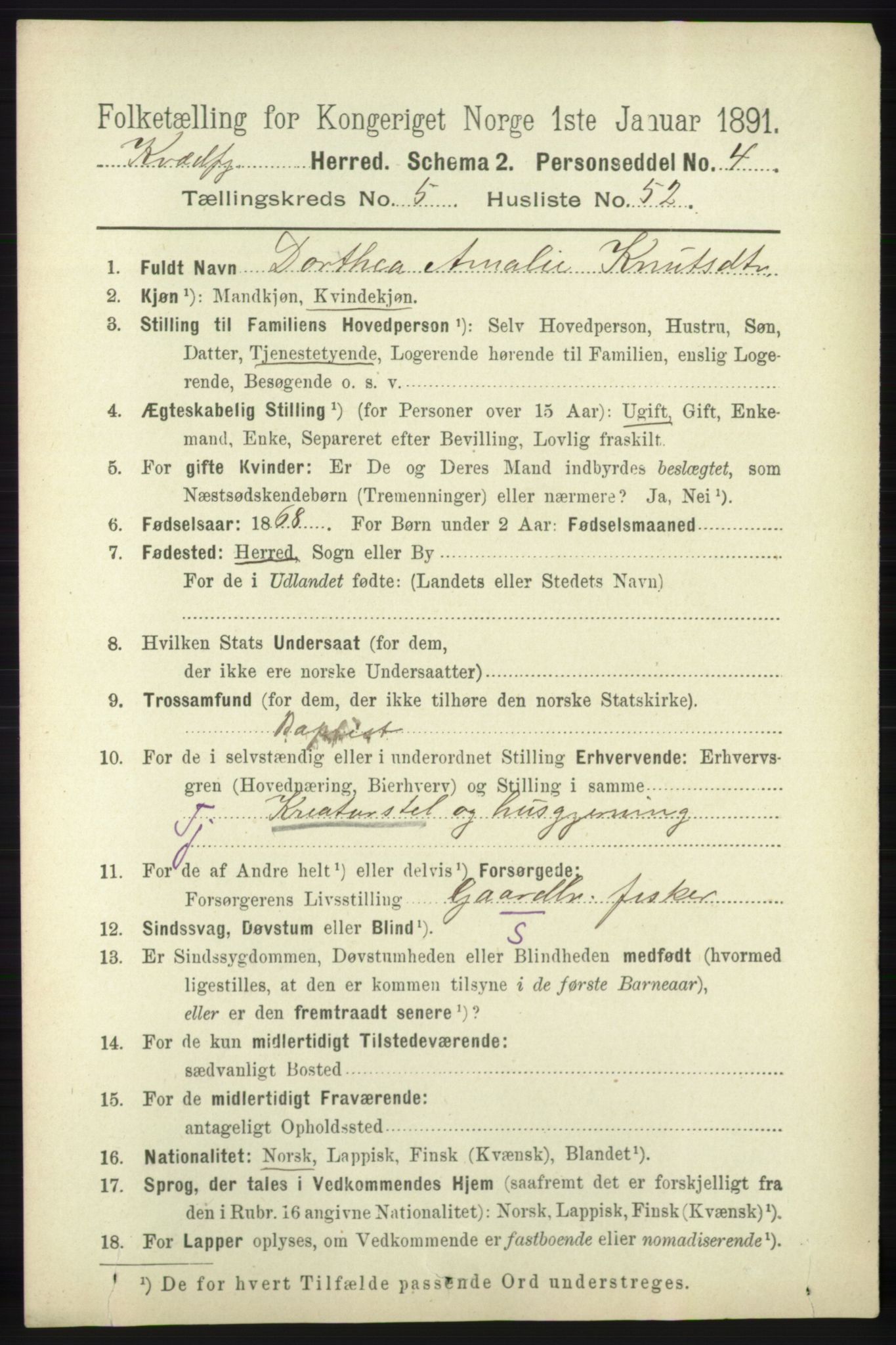 RA, 1891 census for 1911 Kvæfjord, 1891, p. 3164