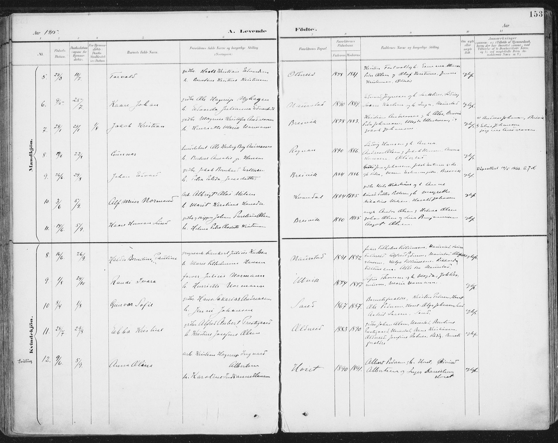 Ministerialprotokoller, klokkerbøker og fødselsregistre - Nordland, AV/SAT-A-1459/852/L0741: Parish register (official) no. 852A11, 1894-1917, p. 153