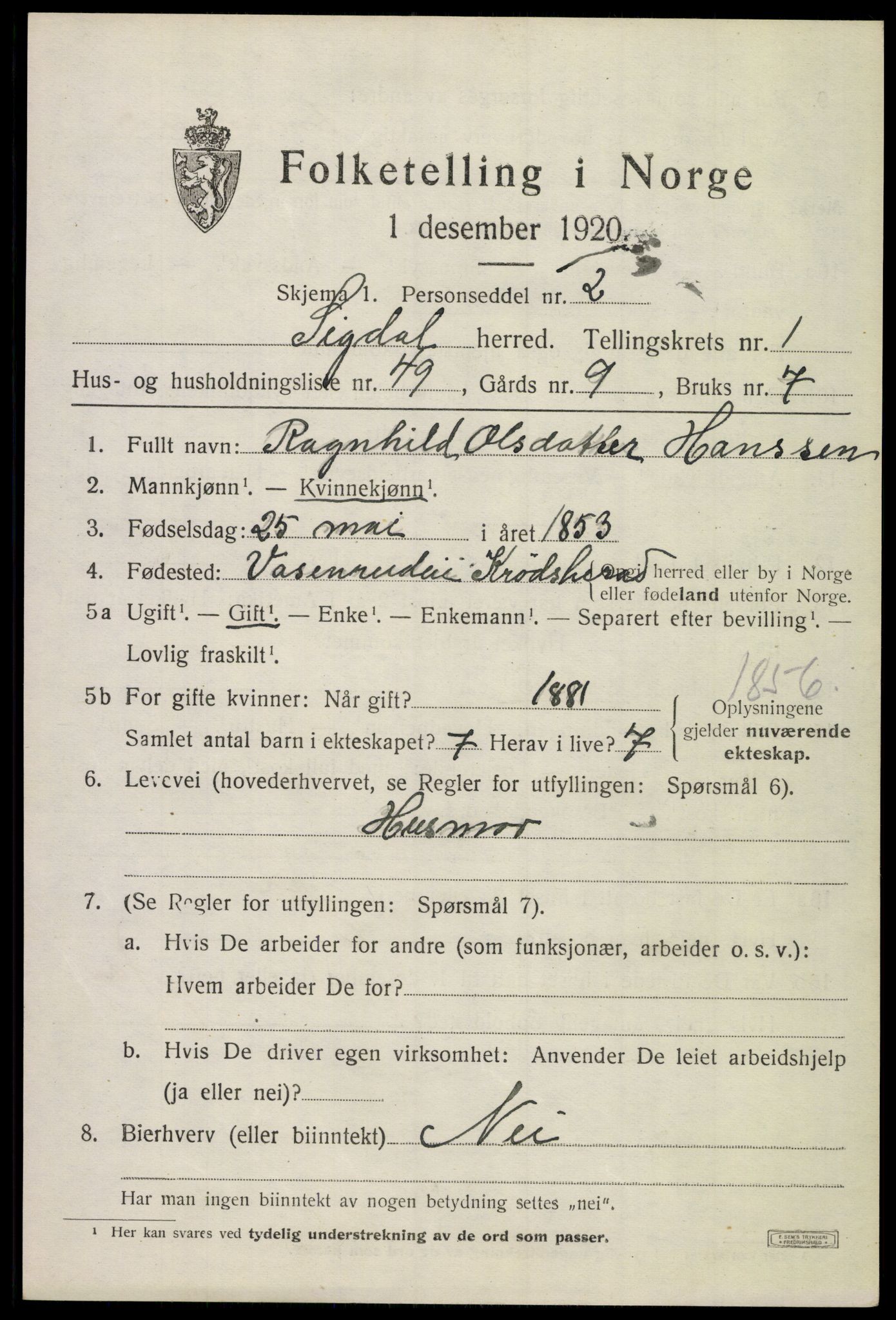 SAKO, 1920 census for Sigdal, 1920, p. 2000