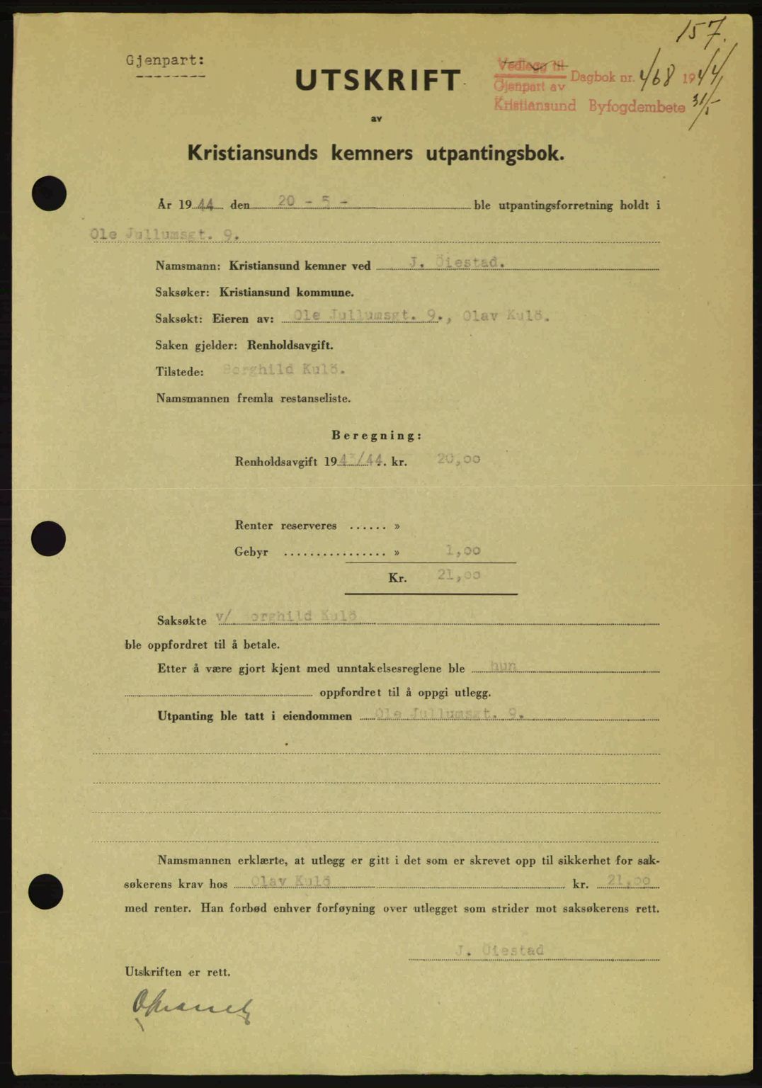 Kristiansund byfogd, SAT/A-4587/A/27: Mortgage book no. 37-38, 1943-1945, Diary no: : 468/1944