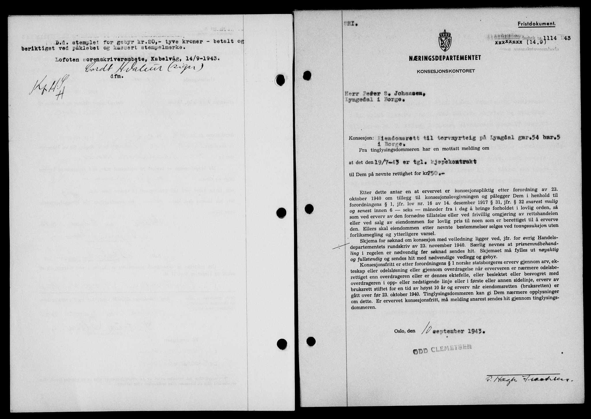 Lofoten sorenskriveri, SAT/A-0017/1/2/2C/L0011a: Mortgage book no. 11a, 1943-1943, Diary no: : 1114/1943