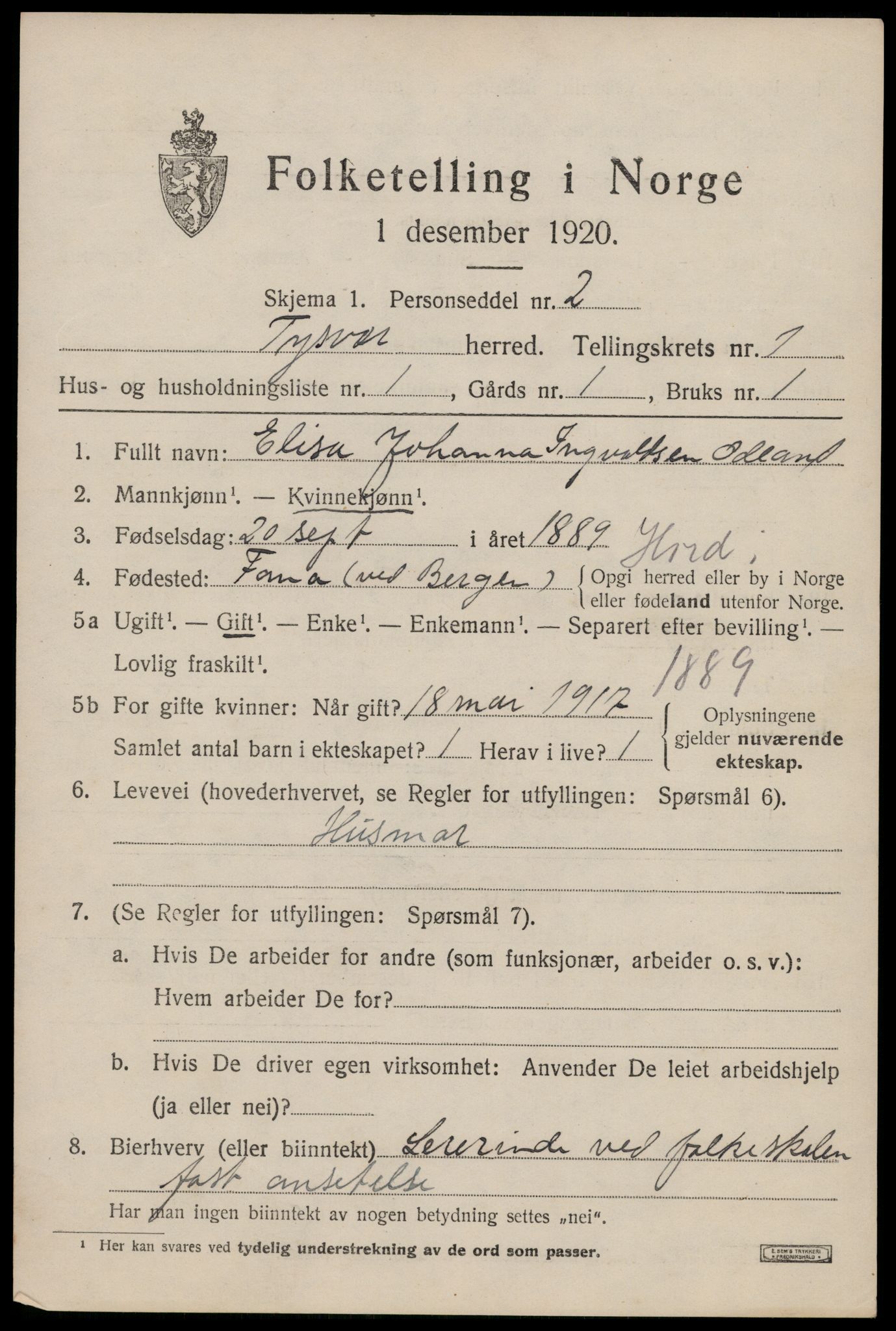 SAST, 1920 census for Tysvær, 1920, p. 844