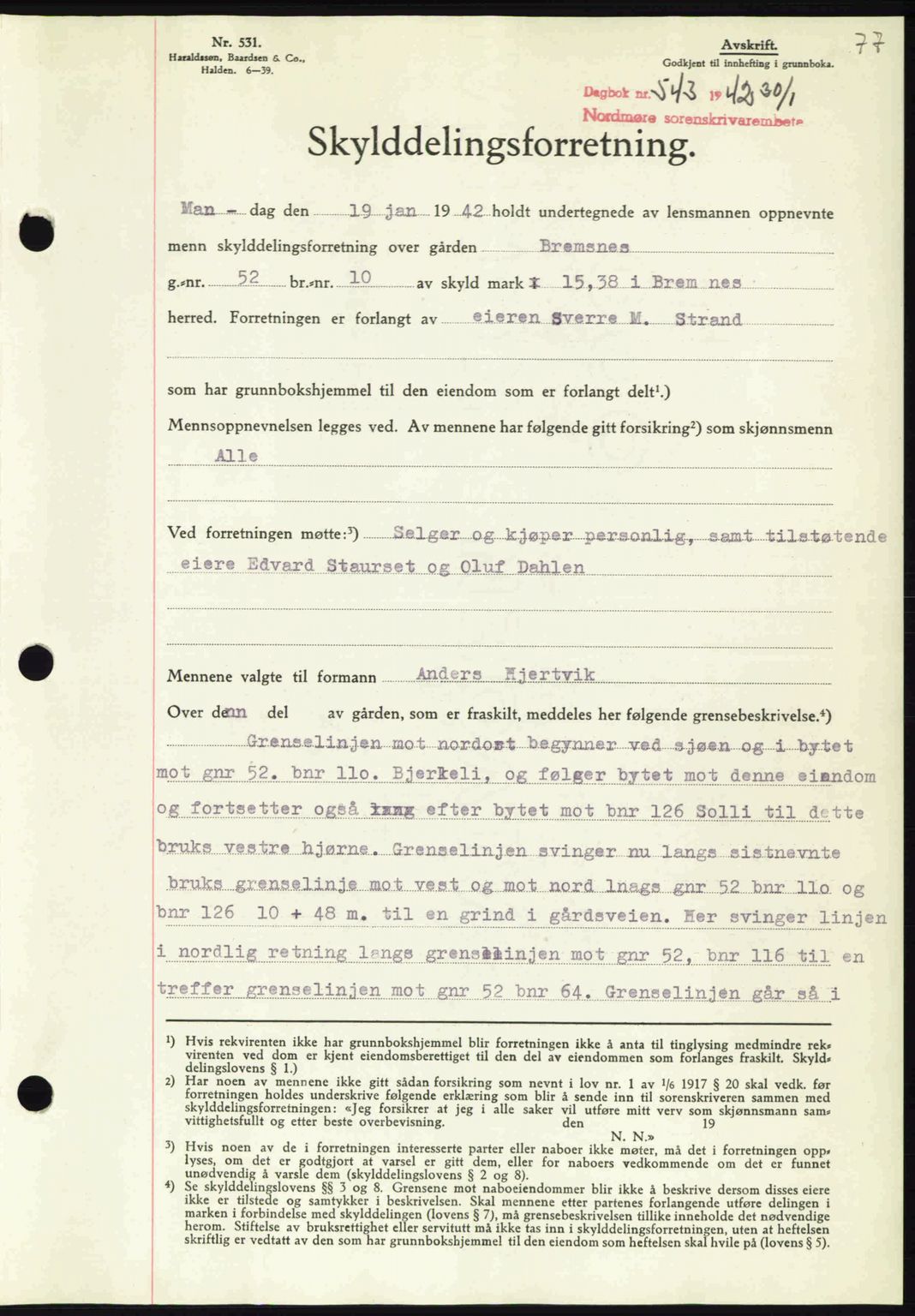 Nordmøre sorenskriveri, AV/SAT-A-4132/1/2/2Ca: Mortgage book no. A92, 1942-1942, Diary no: : 543/1942