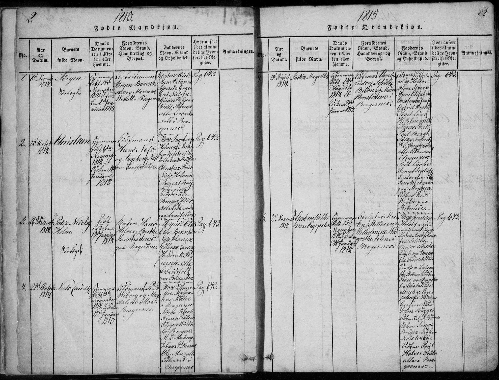 Bragernes kirkebøker, SAKO/A-6/F/Fa/L0007: Parish register (official) no. I 7, 1815-1829, p. 2-3