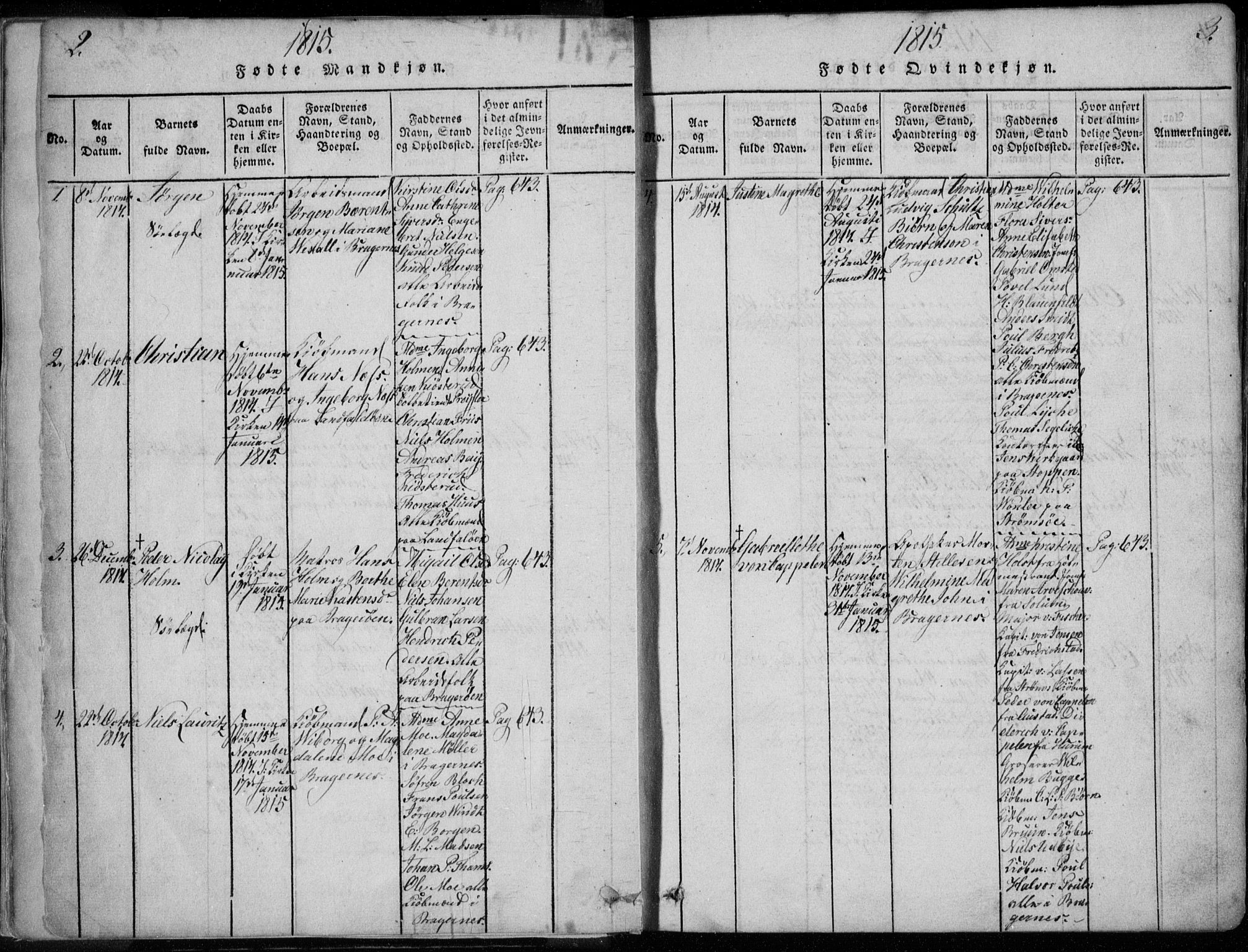 Bragernes kirkebøker, AV/SAKO-A-6/F/Fa/L0007: Parish register (official) no. I 7, 1815-1829, p. 2-3