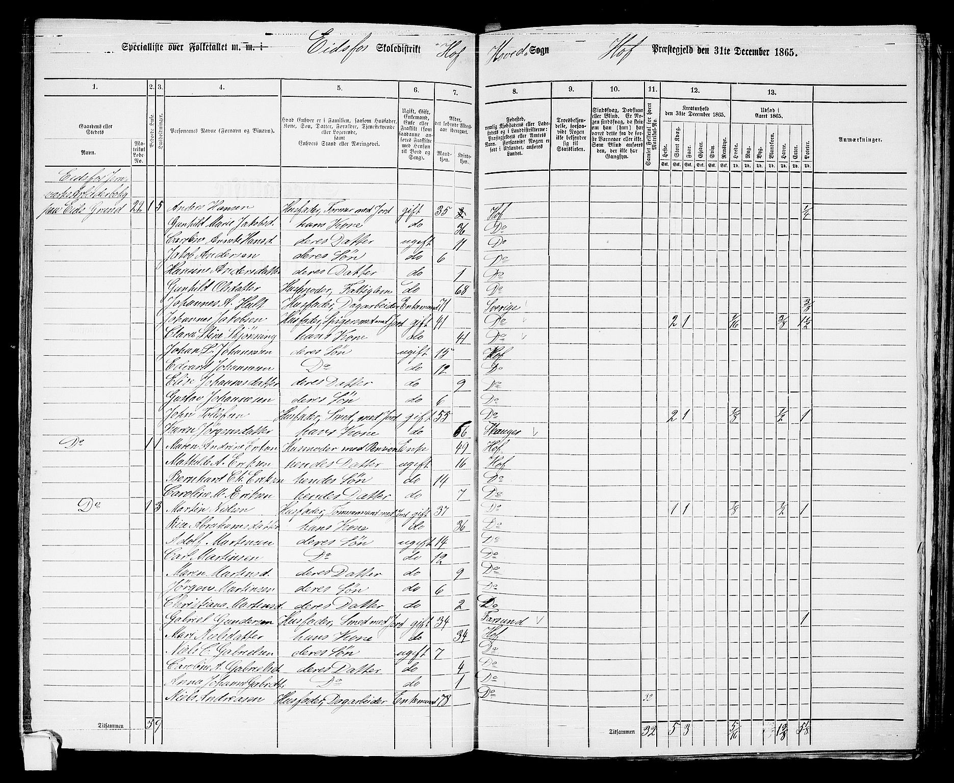 RA, 1865 census for Hof, 1865, p. 93