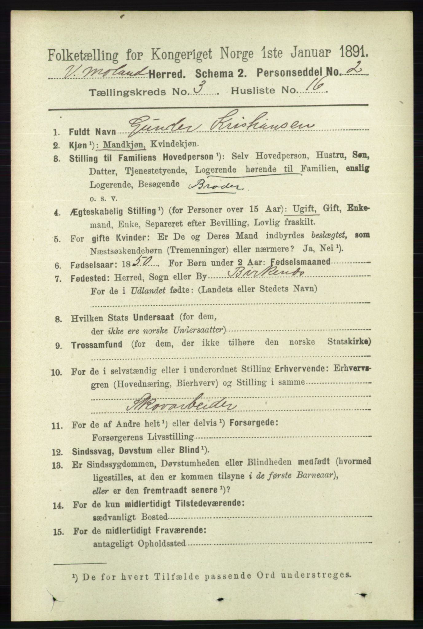 RA, 1891 census for 0926 Vestre Moland, 1891, p. 1047