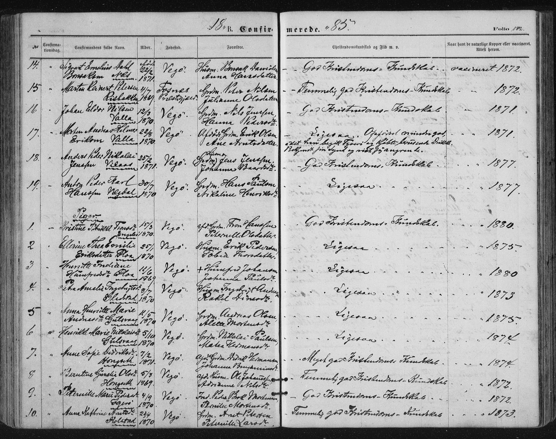 Ministerialprotokoller, klokkerbøker og fødselsregistre - Nordland, SAT/A-1459/816/L0241: Parish register (official) no. 816A07, 1870-1885, p. 182