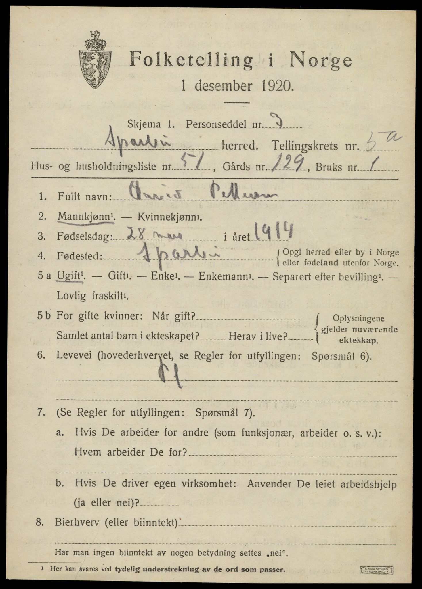 SAT, 1920 census for Sparbu, 1920, p. 6777