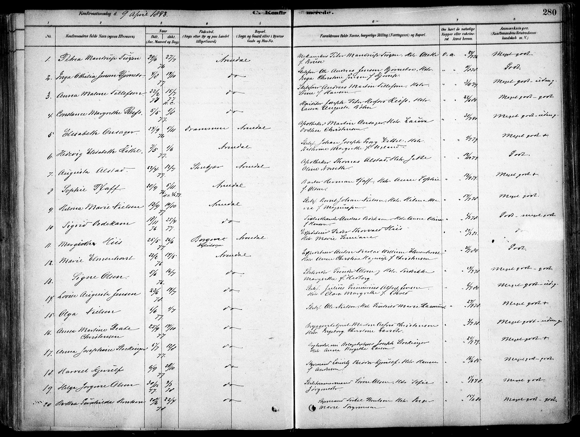 Arendal sokneprestkontor, Trefoldighet, AV/SAK-1111-0040/F/Fa/L0008: Parish register (official) no. A 8, 1878-1899, p. 280