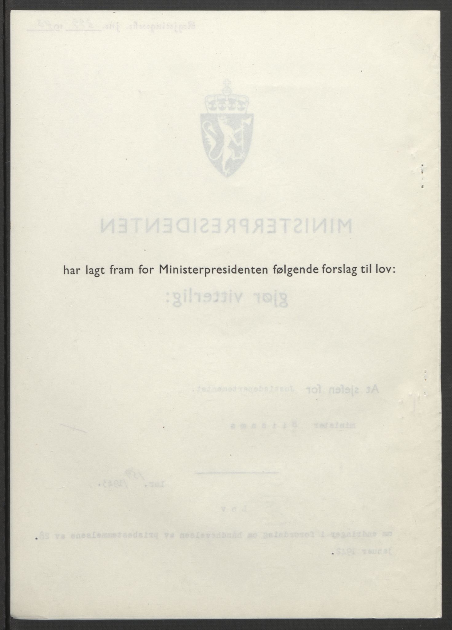 NS-administrasjonen 1940-1945 (Statsrådsekretariatet, de kommisariske statsråder mm), AV/RA-S-4279/D/Db/L0099: Lover, 1943, p. 754