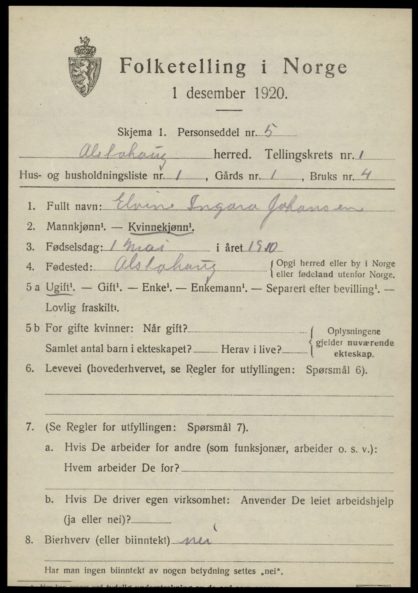 SAT, 1920 census for Alstahaug, 1920, p. 583