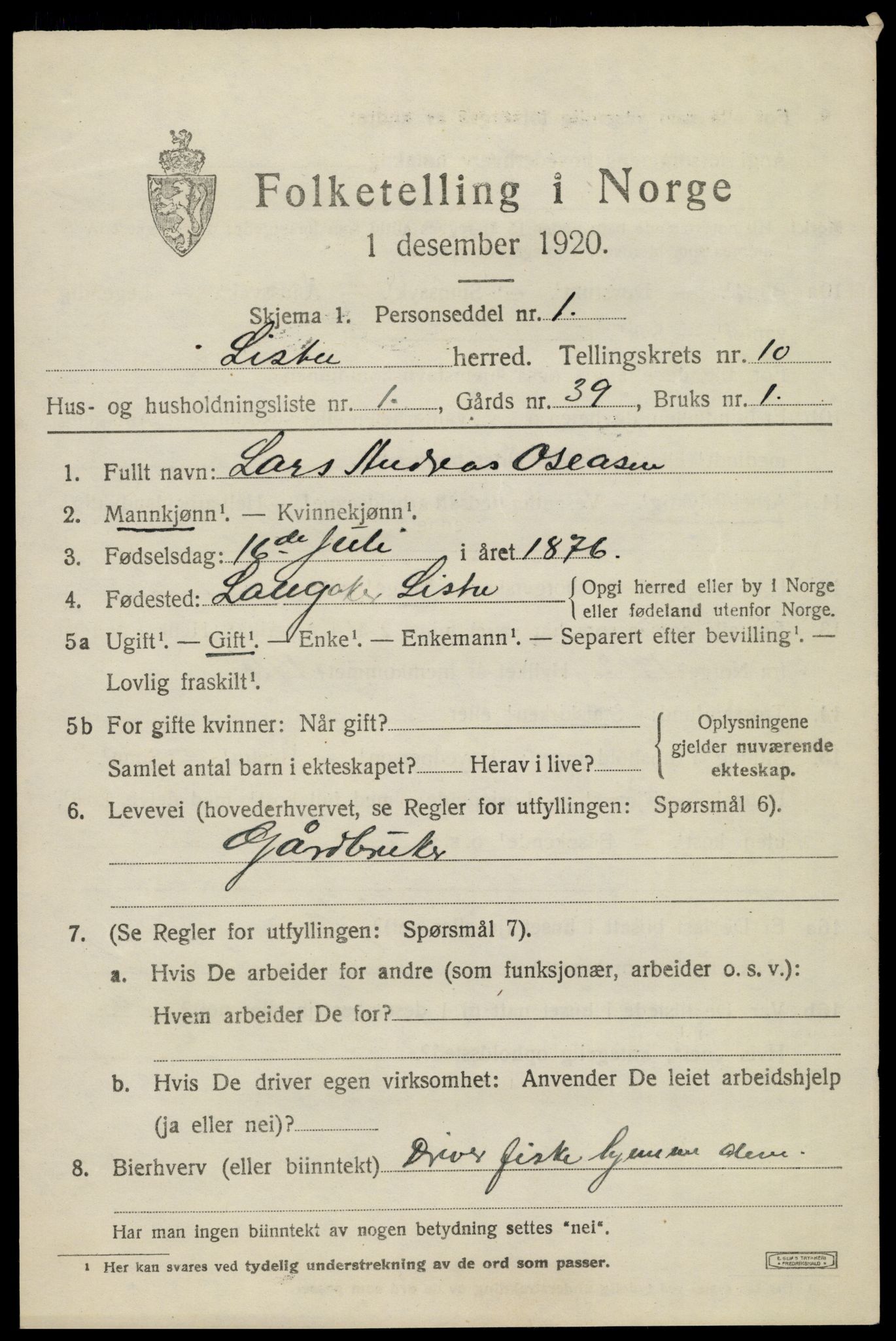 SAK, 1920 census for Lista, 1920, p. 10157