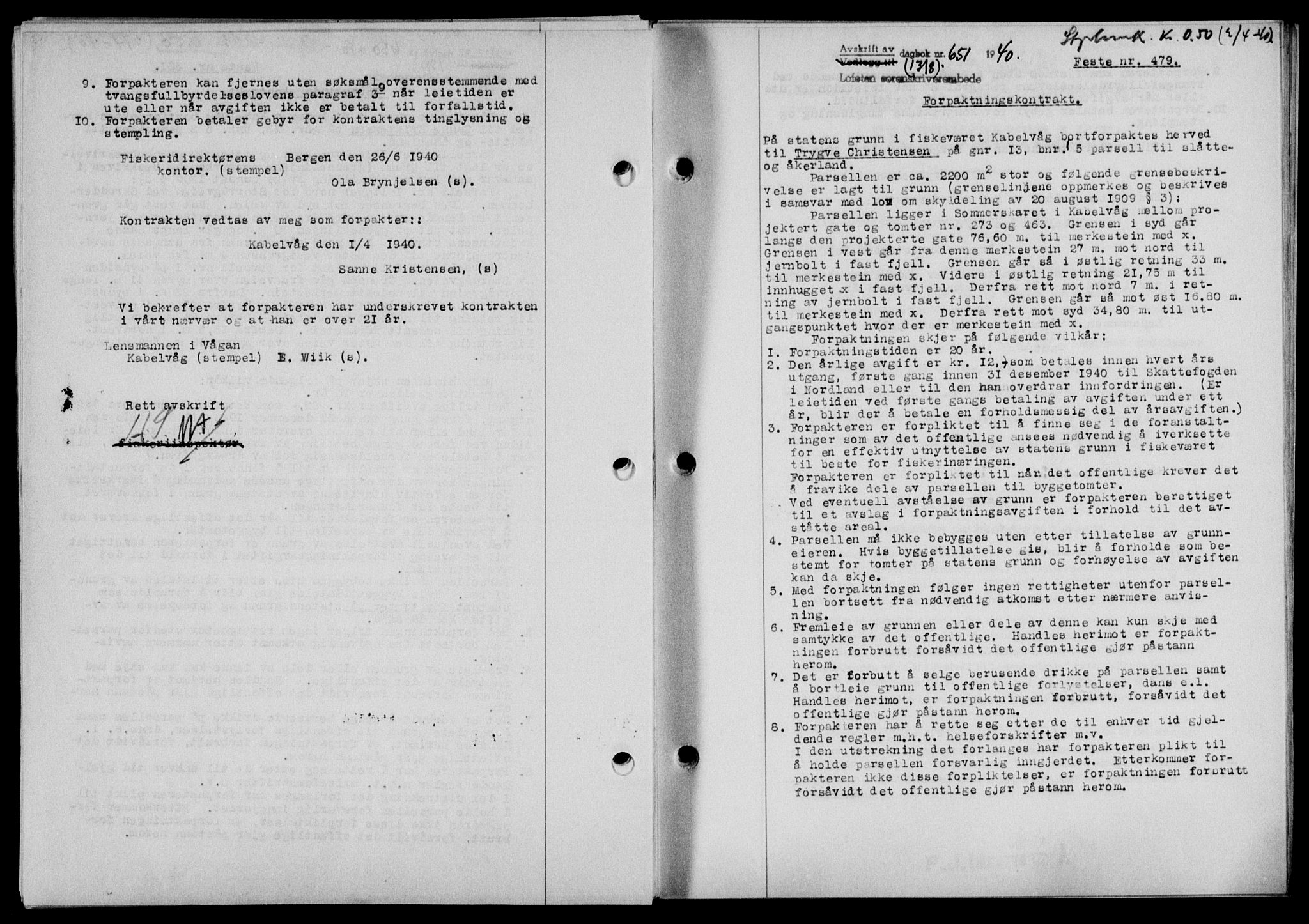 Lofoten sorenskriveri, SAT/A-0017/1/2/2C/L0007a: Mortgage book no. 7a, 1939-1940, Diary no: : 651/1940