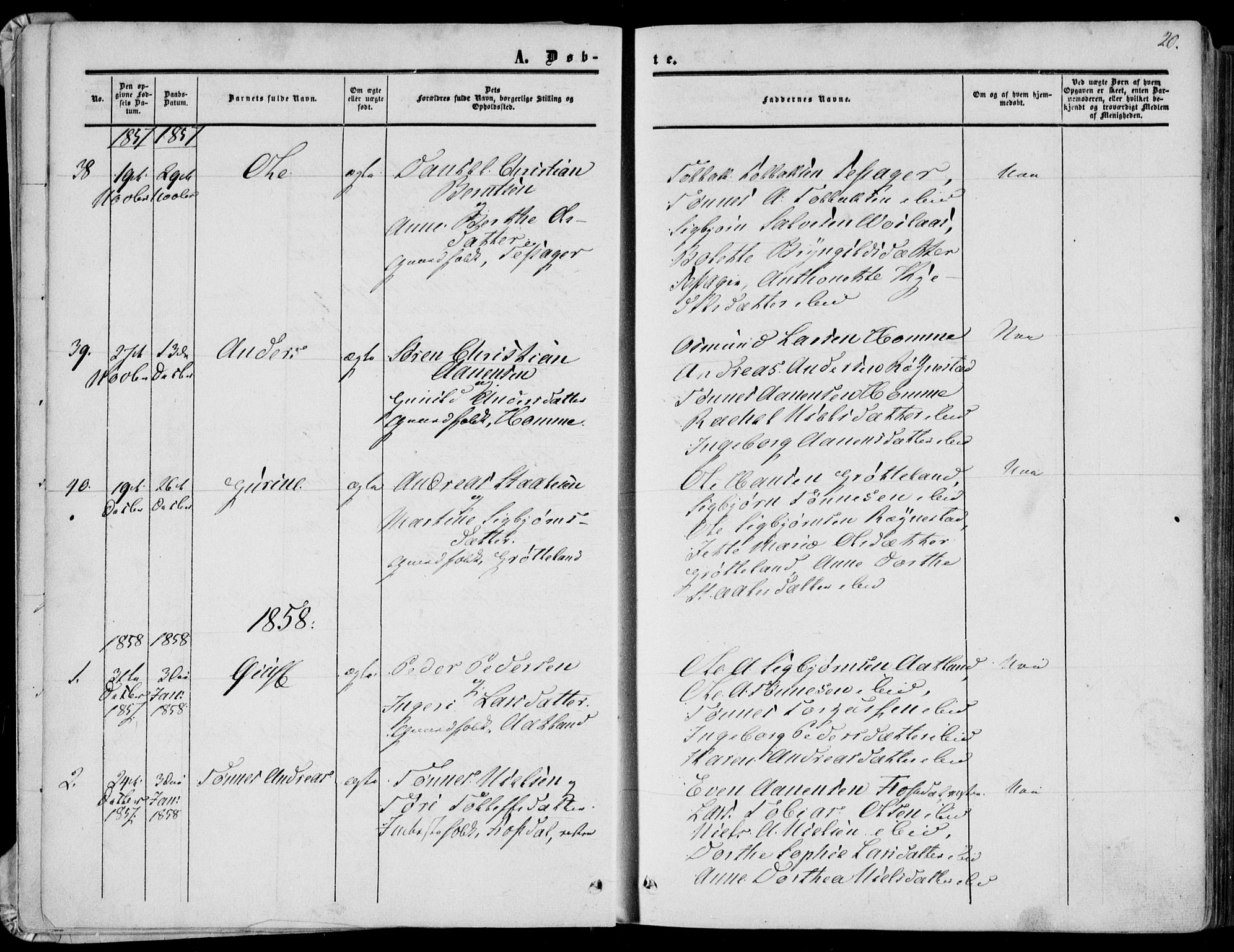 Bakke sokneprestkontor, SAK/1111-0002/F/Fa/Fab/L0002: Parish register (official) no. A 2, 1855-1884, p. 20