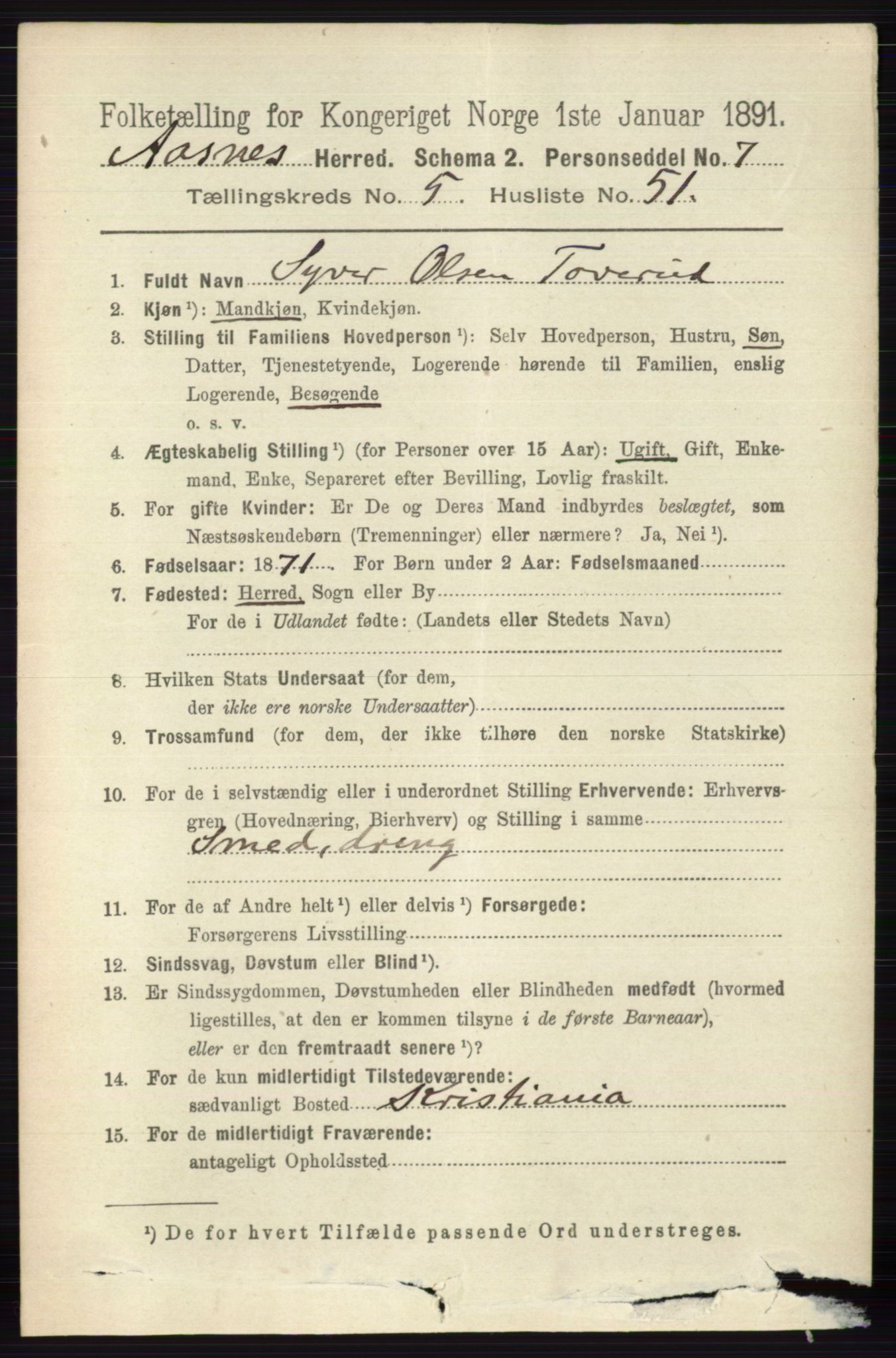 RA, 1891 census for 0425 Åsnes, 1891, p. 2708