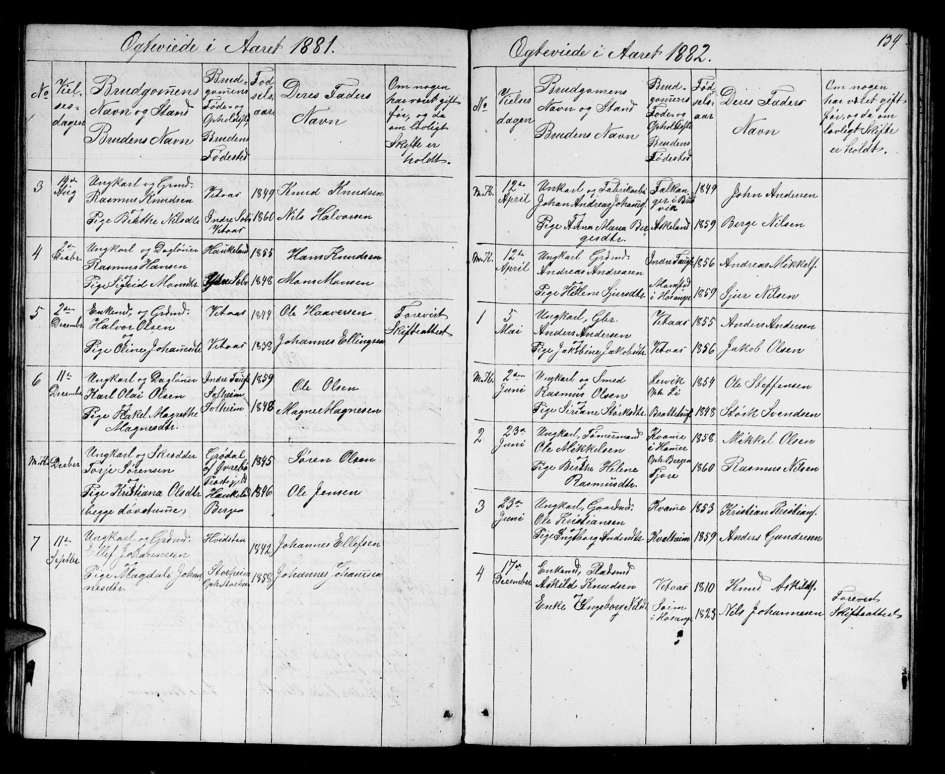 Manger sokneprestembete, AV/SAB-A-76801/H/Hab: Parish register (copy) no. D 1, 1859-1882, p. 134