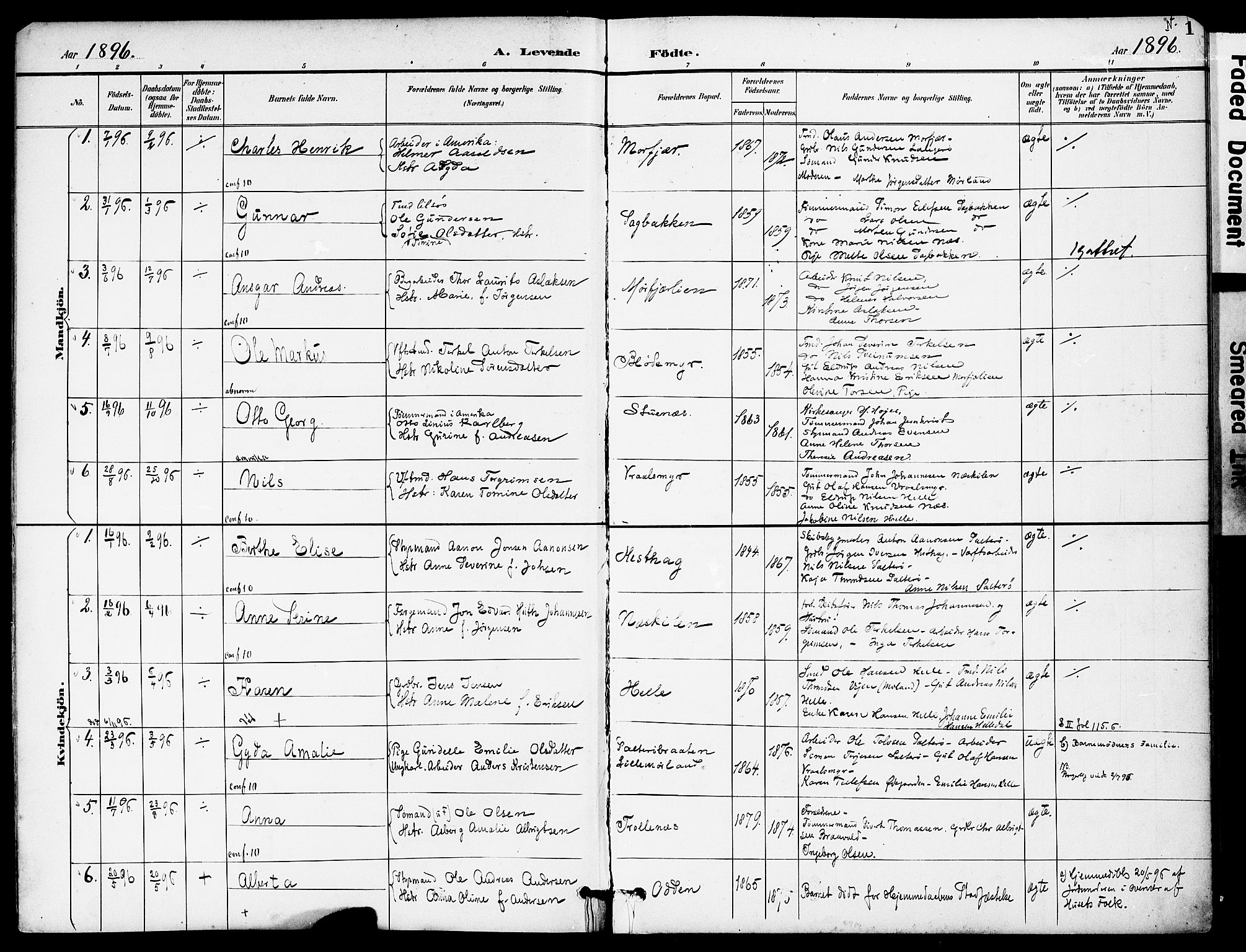 Austre Moland sokneprestkontor, SAK/1111-0001/F/Fa/Fab/L0002: Parish register (official) no. A 2, 1894-1919, p. 1