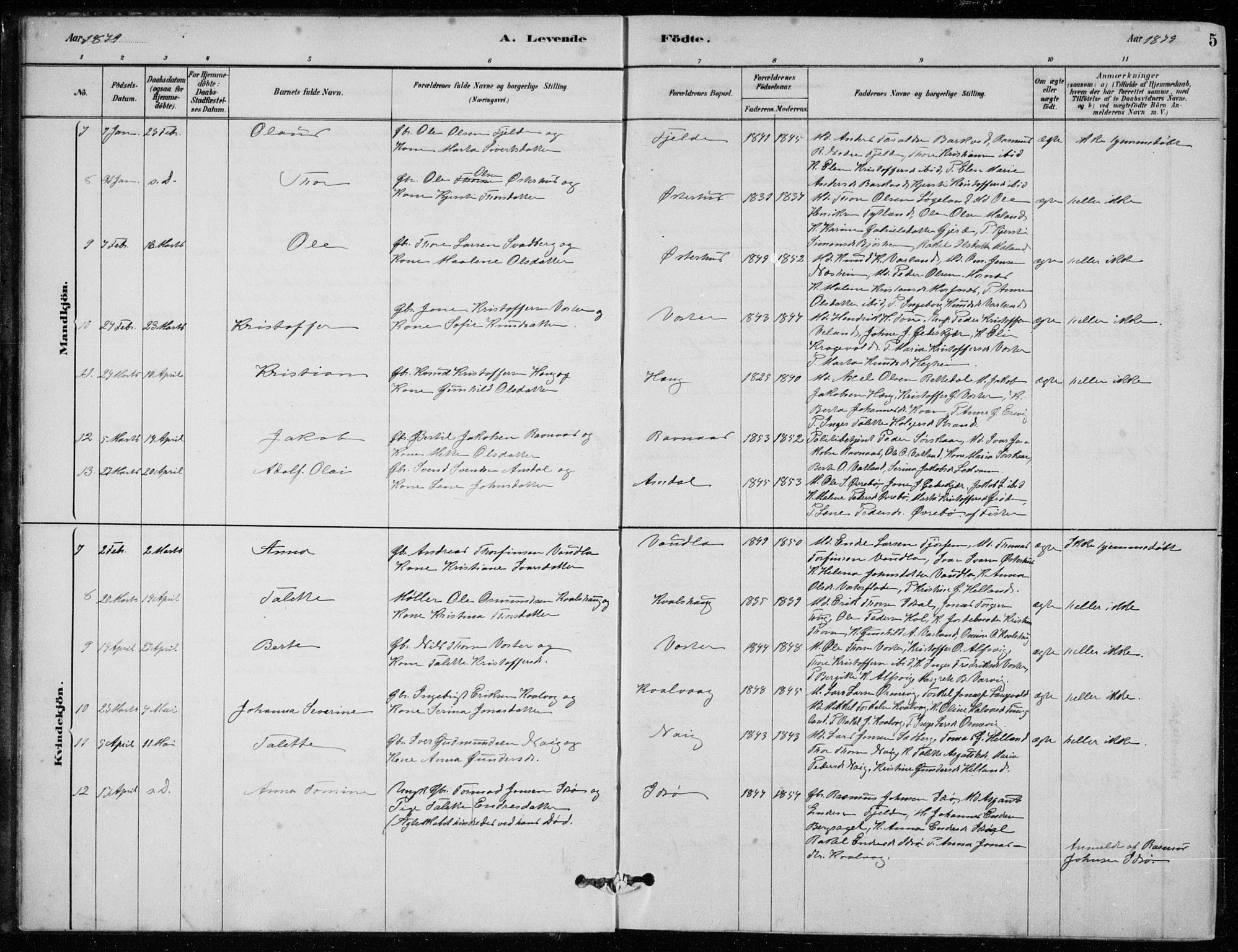 Strand sokneprestkontor, AV/SAST-A-101828/H/Ha/Hab/L0004: Parish register (copy) no. B 4, 1878-1903, p. 5