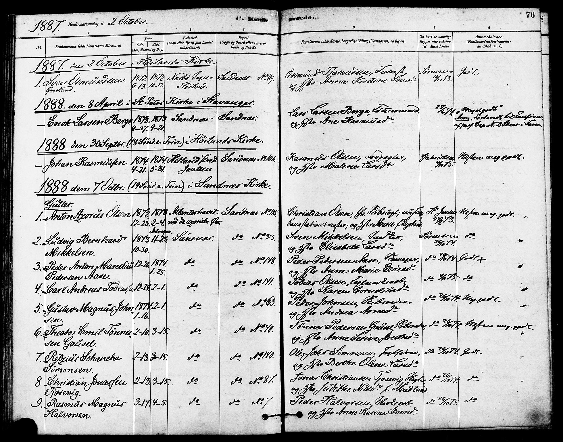 Høyland sokneprestkontor, SAST/A-101799/001/30BA/L0012: Parish register (official) no. A 11, 1878-1889, p. 76