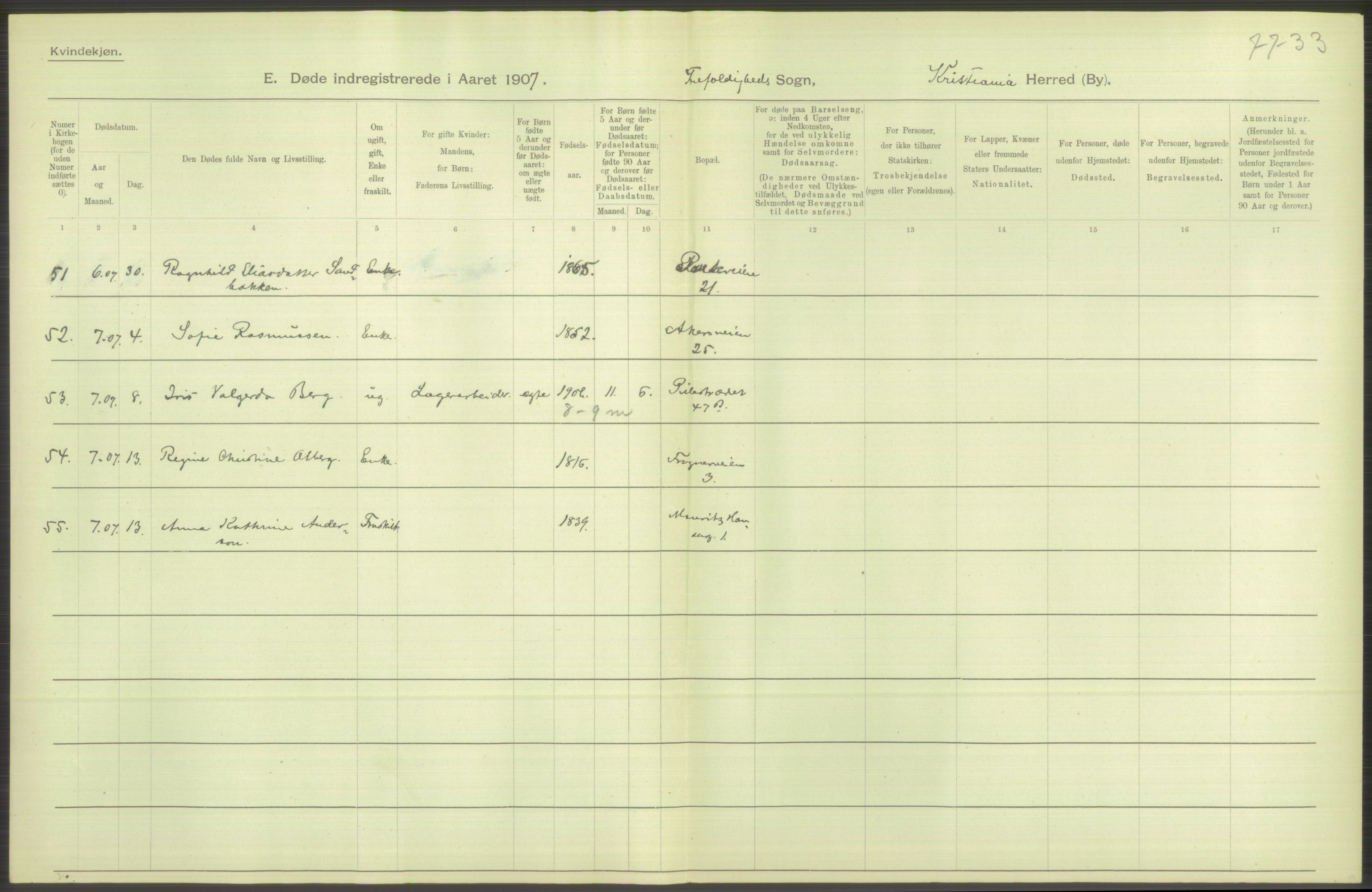 Statistisk sentralbyrå, Sosiodemografiske emner, Befolkning, AV/RA-S-2228/D/Df/Dfa/Dfae/L0009: Kristiania: Døde, 1907, p. 184