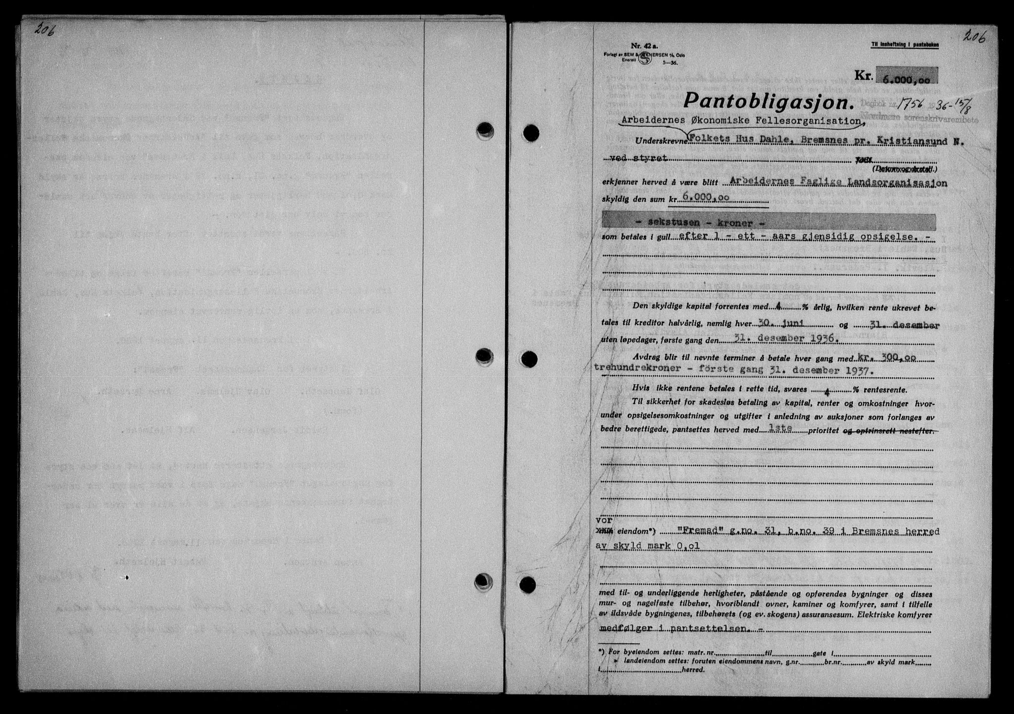 Nordmøre sorenskriveri, AV/SAT-A-4132/1/2/2Ca/L0089: Mortgage book no. 79, 1936-1936, Diary no: : 1756/1936