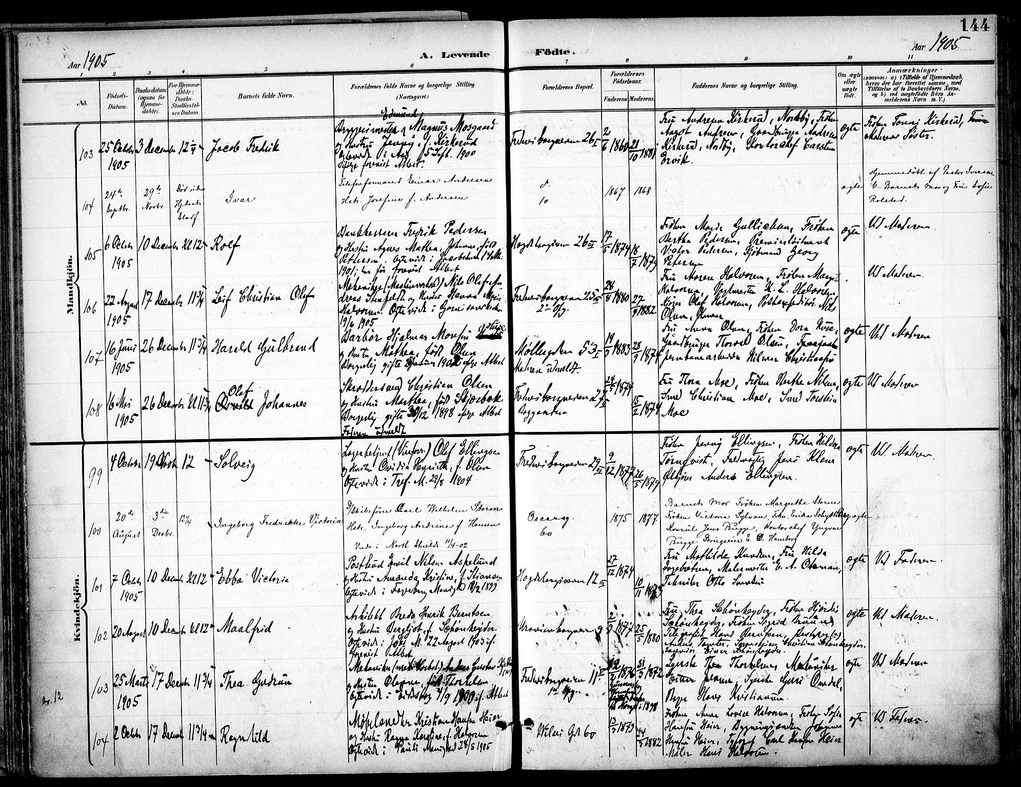 Trefoldighet prestekontor Kirkebøker, SAO/A-10882/F/Fa/L0007: Parish register (official) no. I 7, 1900-1914, p. 144