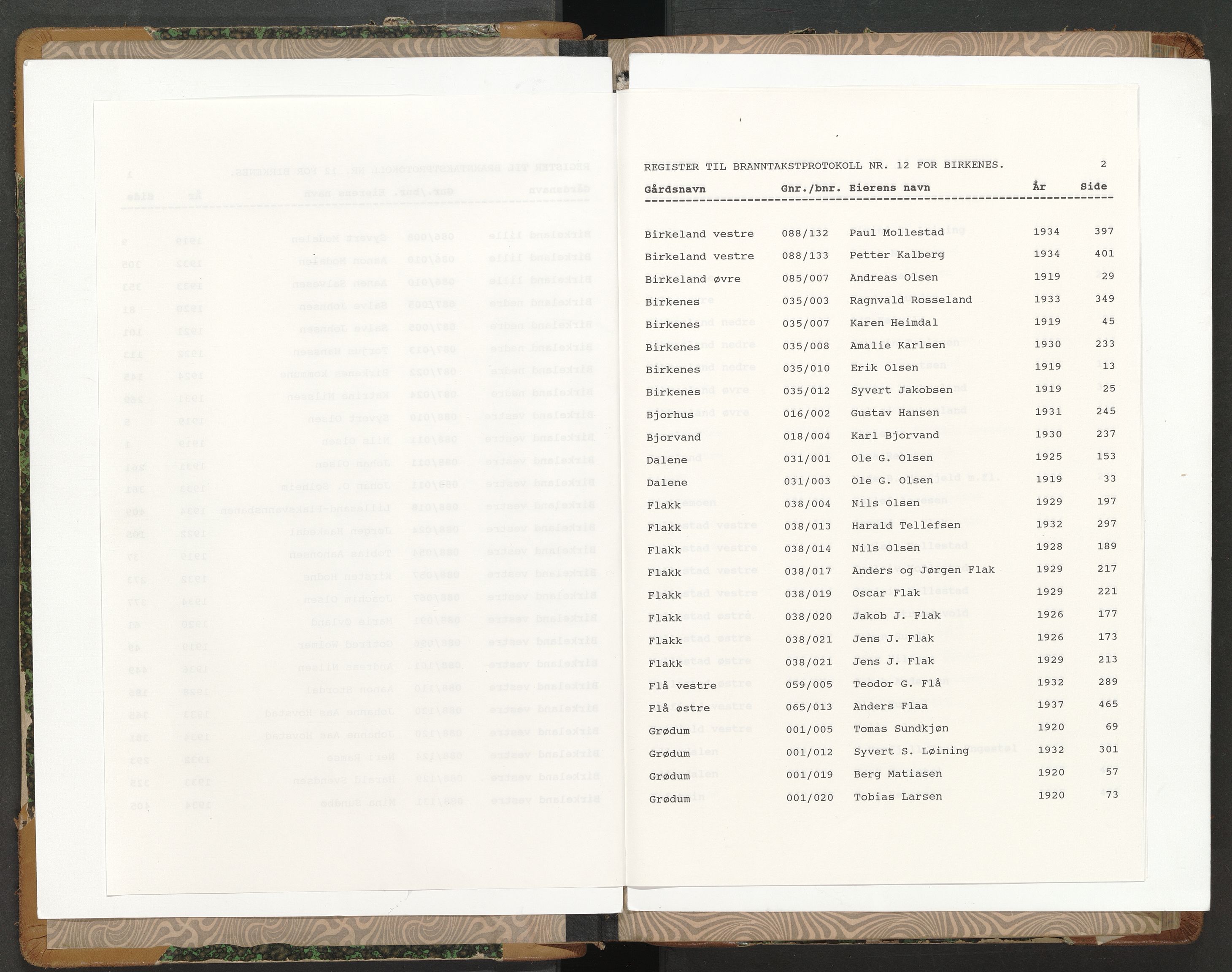 Norges Brannkasse Birkenes, AV/SAK-2241-0005/F/Fa/L0012: Branntakstprotokoll nr. 12 med gårdsnavnregister, 1919-1937