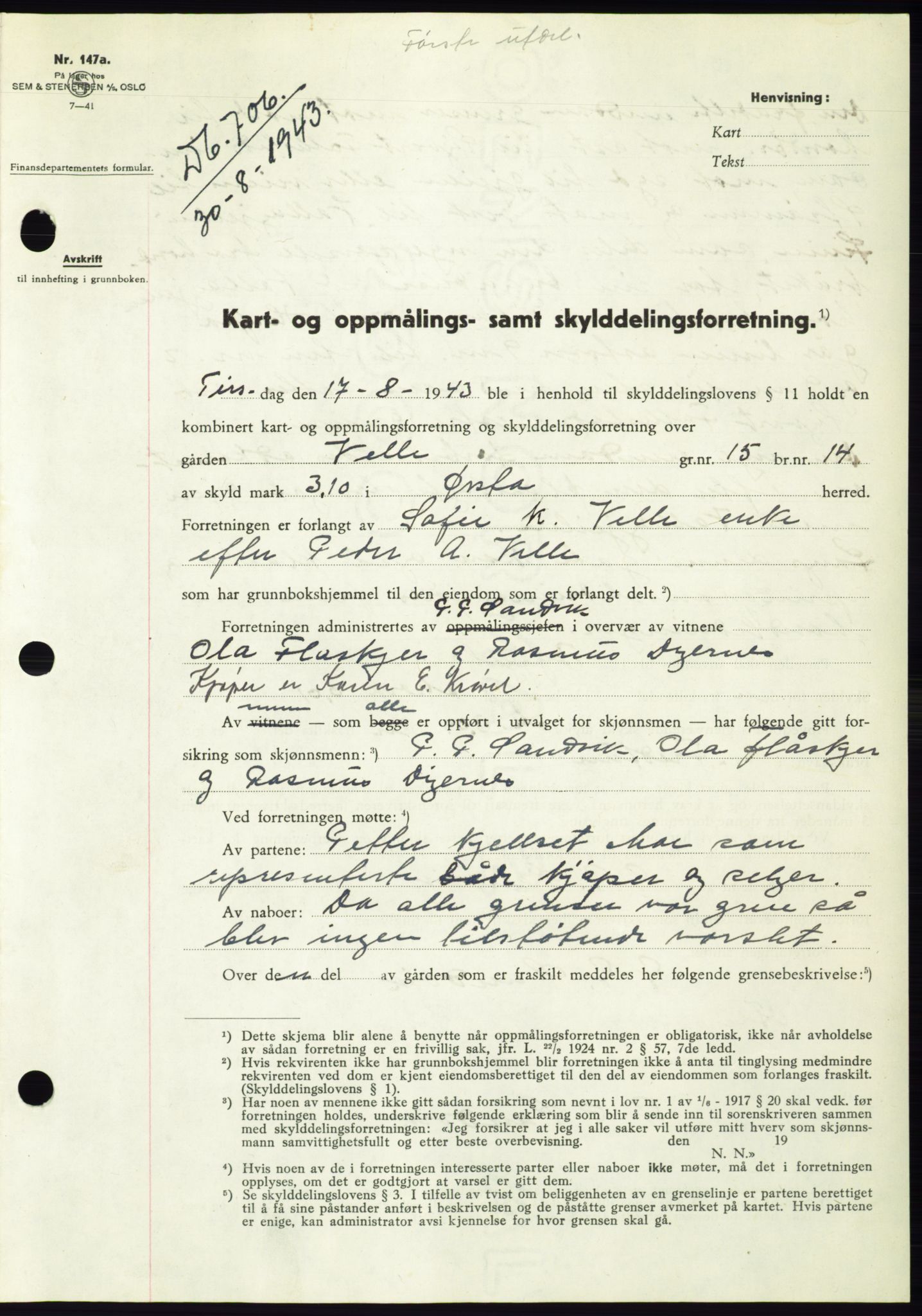 Søre Sunnmøre sorenskriveri, AV/SAT-A-4122/1/2/2C/L0075: Mortgage book no. 1A, 1943-1943, Diary no: : 706/1943