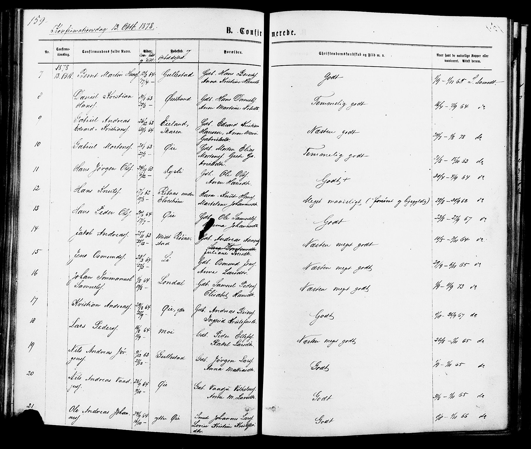 Kvinesdal sokneprestkontor, SAK/1111-0026/F/Fa/Fab/L0007: Parish register (official) no. A 7, 1870-1885, p. 159