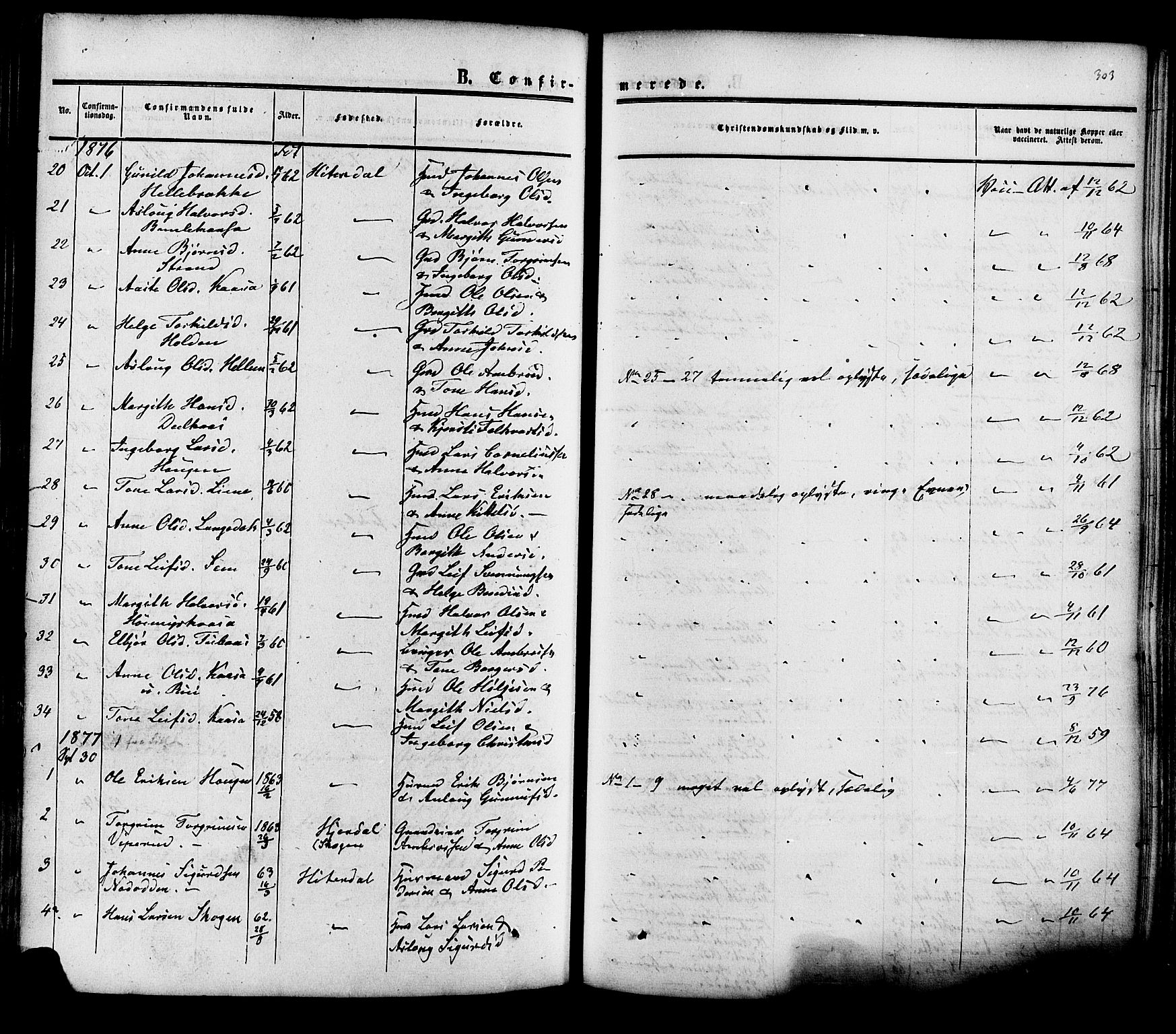 Heddal kirkebøker, SAKO/A-268/F/Fa/L0007: Parish register (official) no. I 7, 1855-1877, p. 303