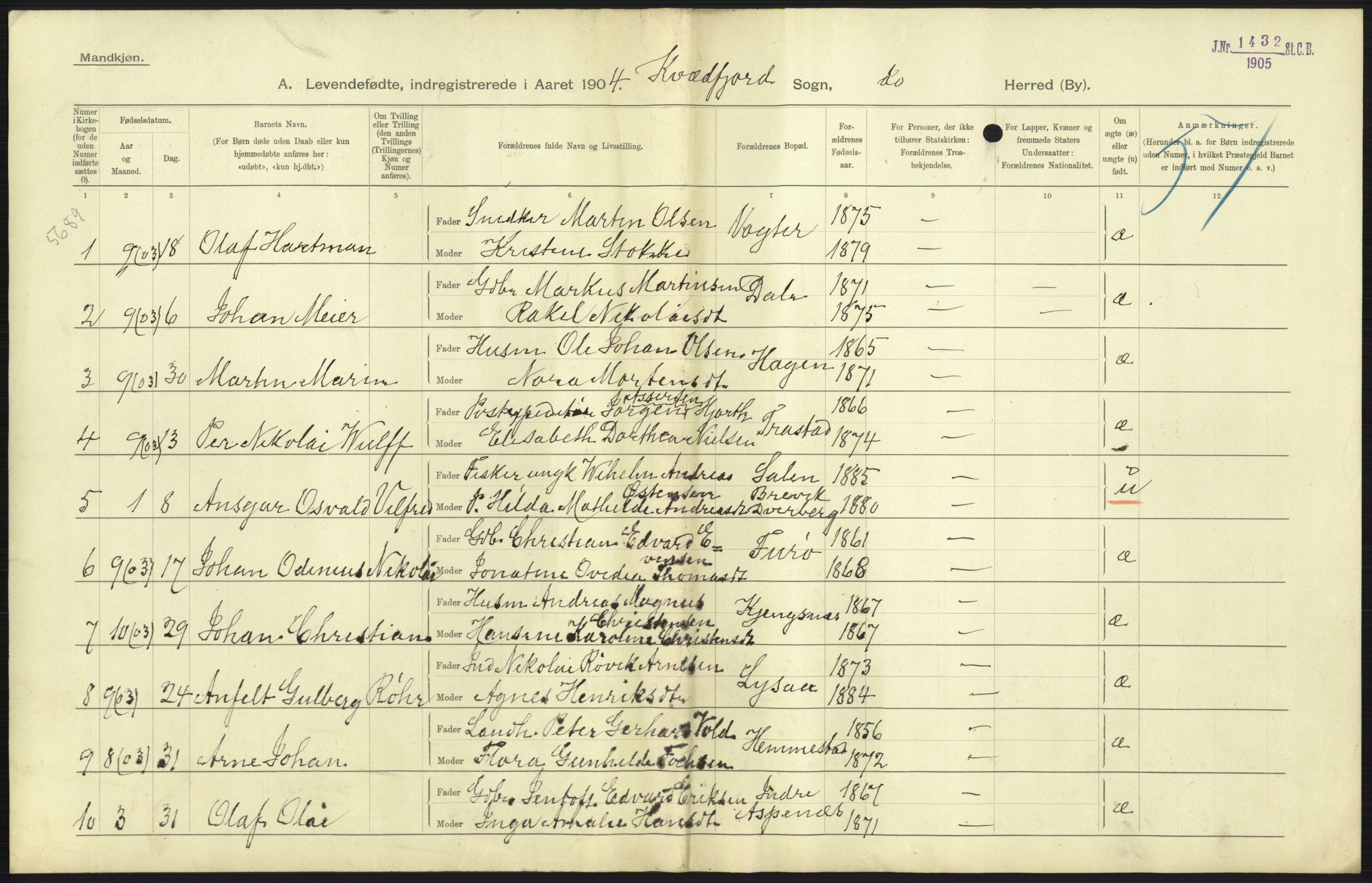 Statistisk sentralbyrå, Sosiodemografiske emner, Befolkning, AV/RA-S-2228/D/Df/Dfa/Dfab/L0022: Tromsø amt: Fødte, gifte, døde, 1904, p. 7